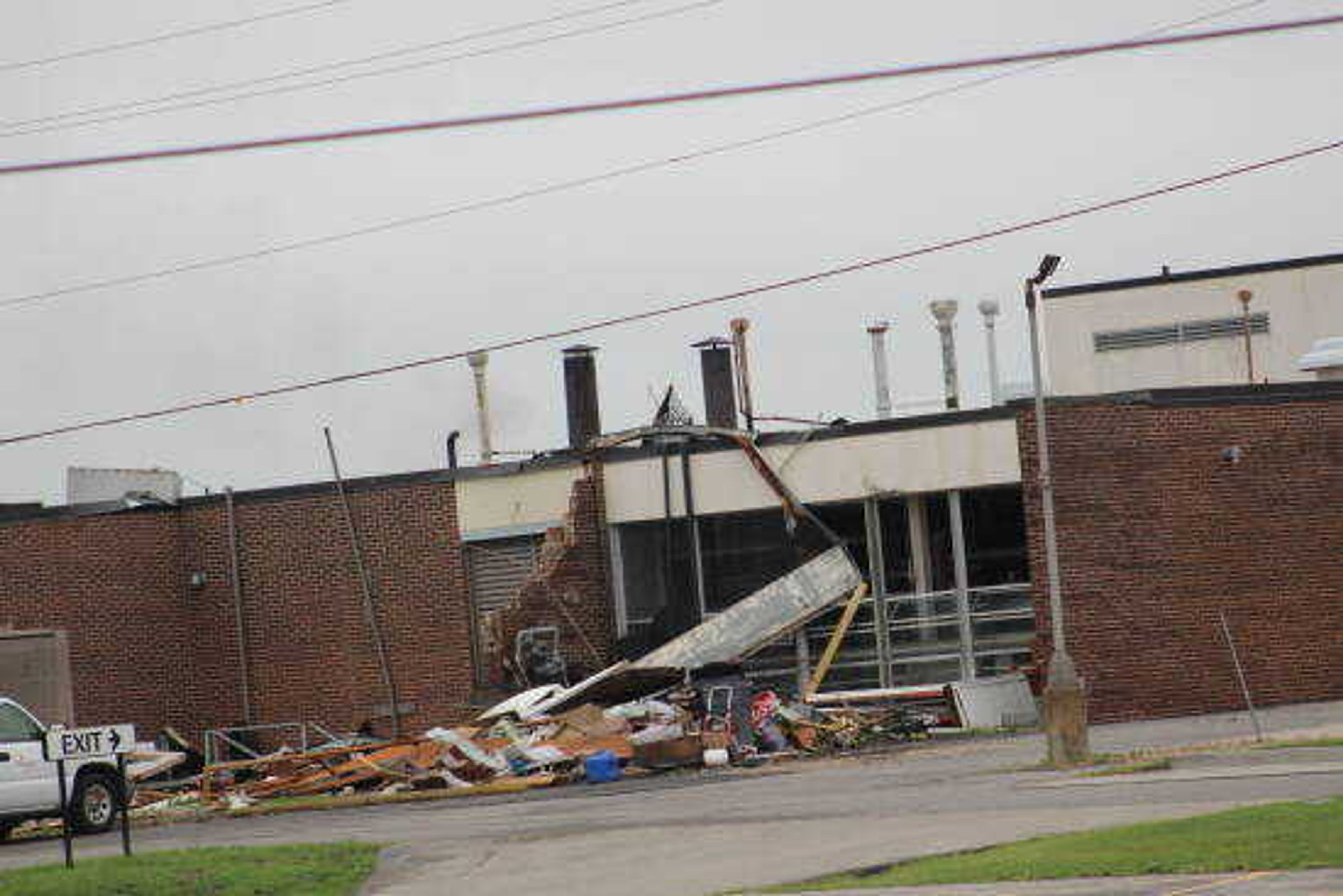 Damage to the north side of the hospital after a tornado ripped through Dexter on Saturday night.