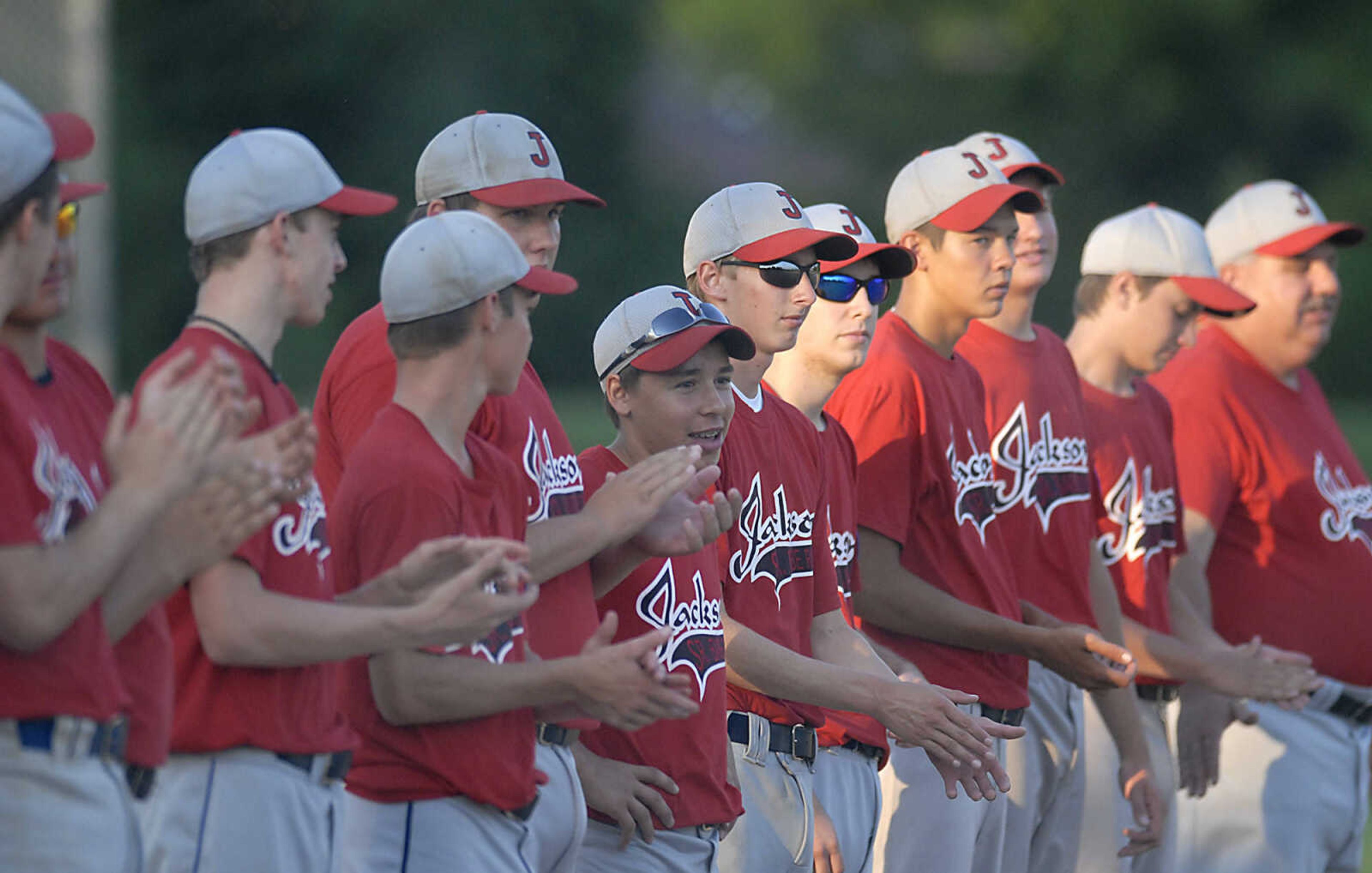 KIT DOYLE ~ kdoyle@semissourian.com
The Jackson Sr. Babe Ruth team lines up before the game against New Madrid Friday, July 24, 2009, at Jackson City Park.