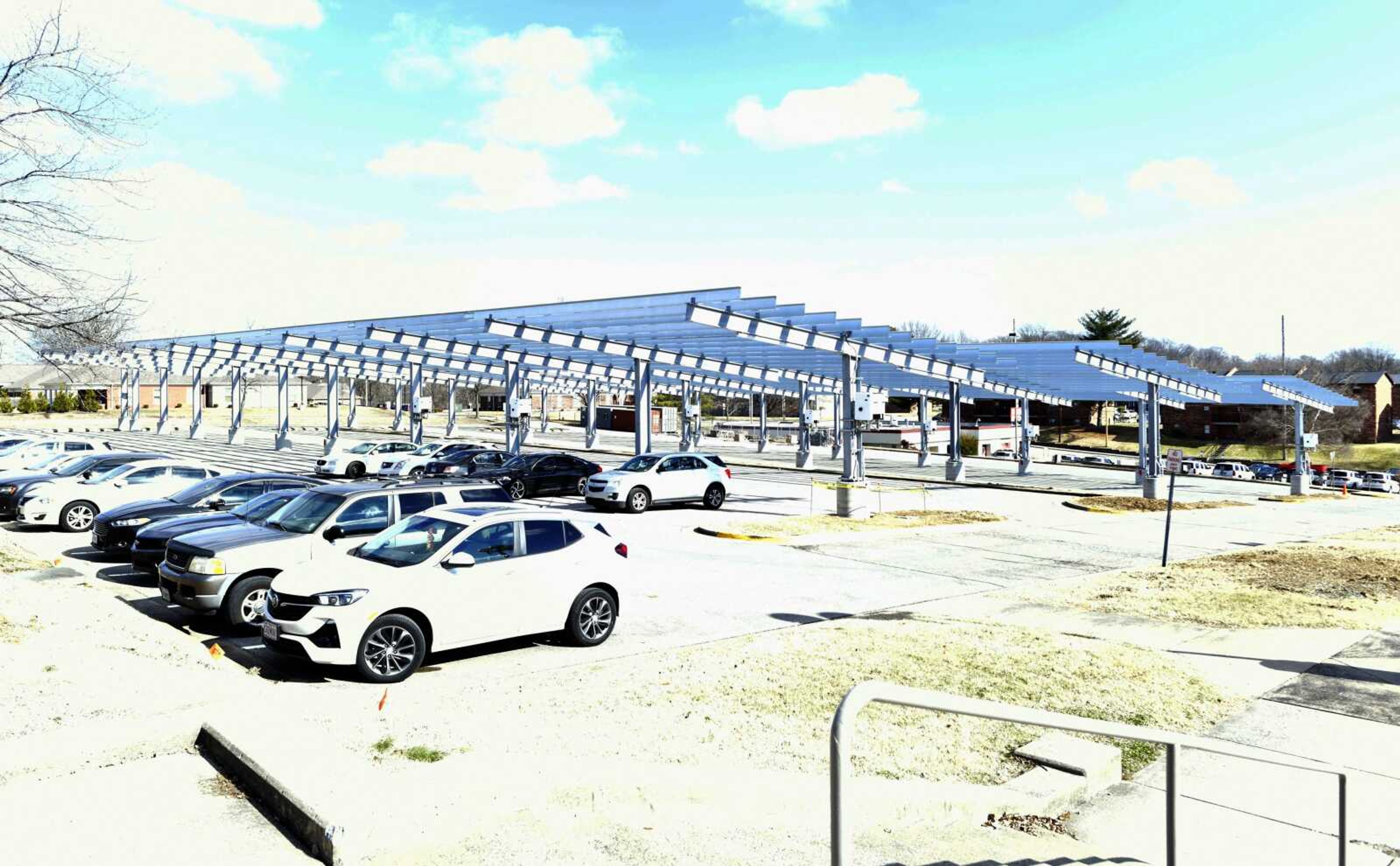 The steel frame canopies on the Show Me Center's north parking lot, seen last week, will hold the solar panels when Ameren Missouri begins installation in the spring. Construction of the frames is ongoing in the south parking lot.