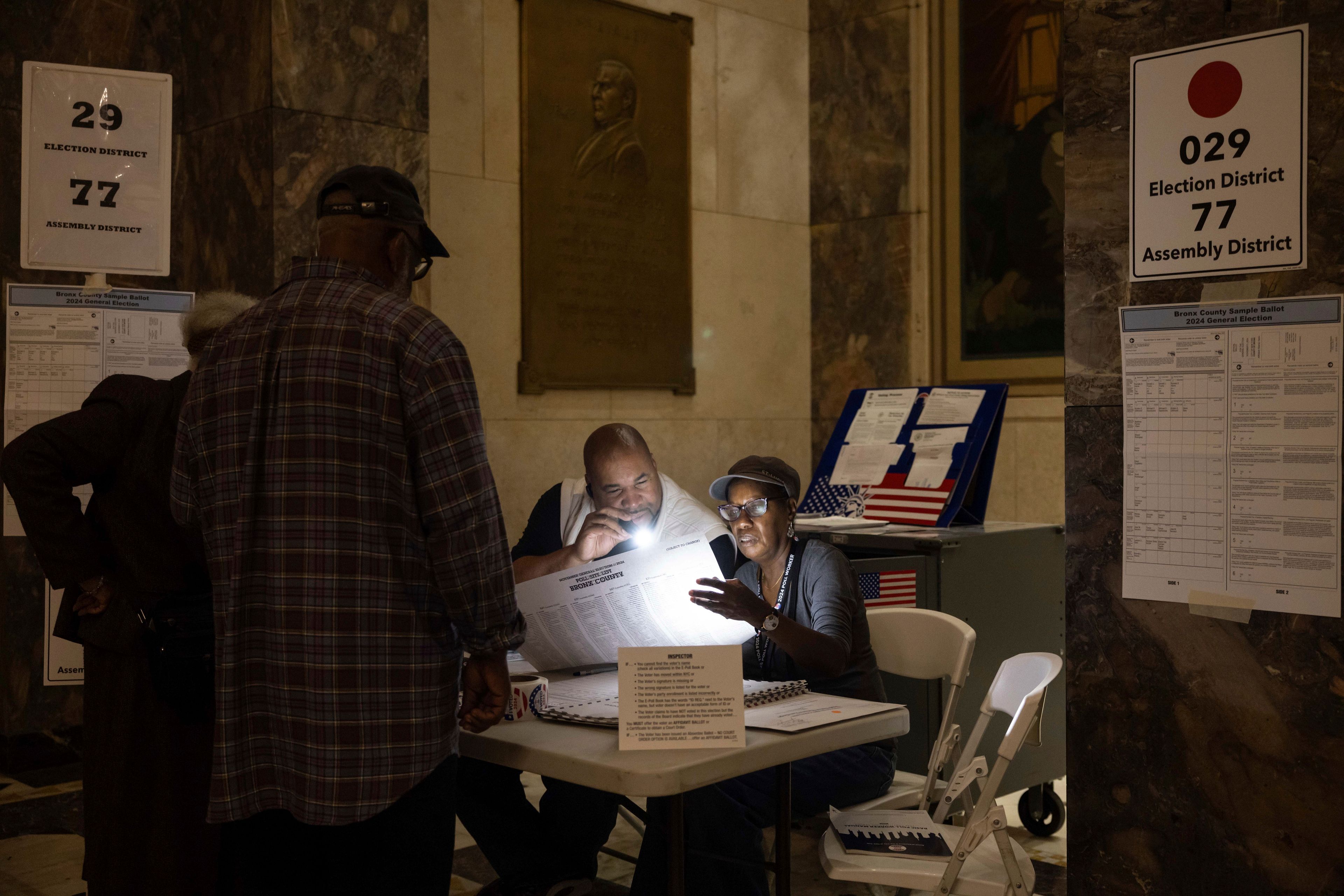 Volunteers check the ballots at the Bronx County Supreme Court in New York on Election Day, Tuesday, Nov. 5, 2024. (AP Photo/Yuki Iwamura)