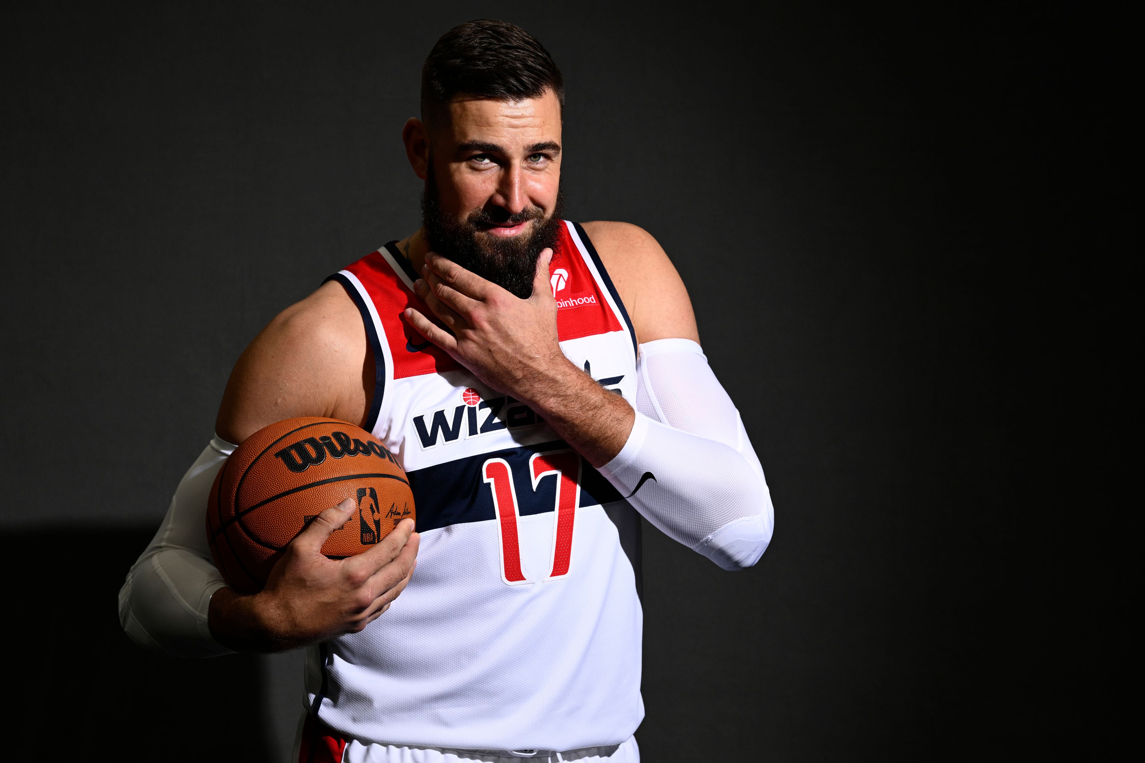 Washington Wizards center Jonas Valanciunas poses during the NBA basketball team's media day, Monday, Sept. 30, 2024, in Washington. (AP Photo/Nick Wass)