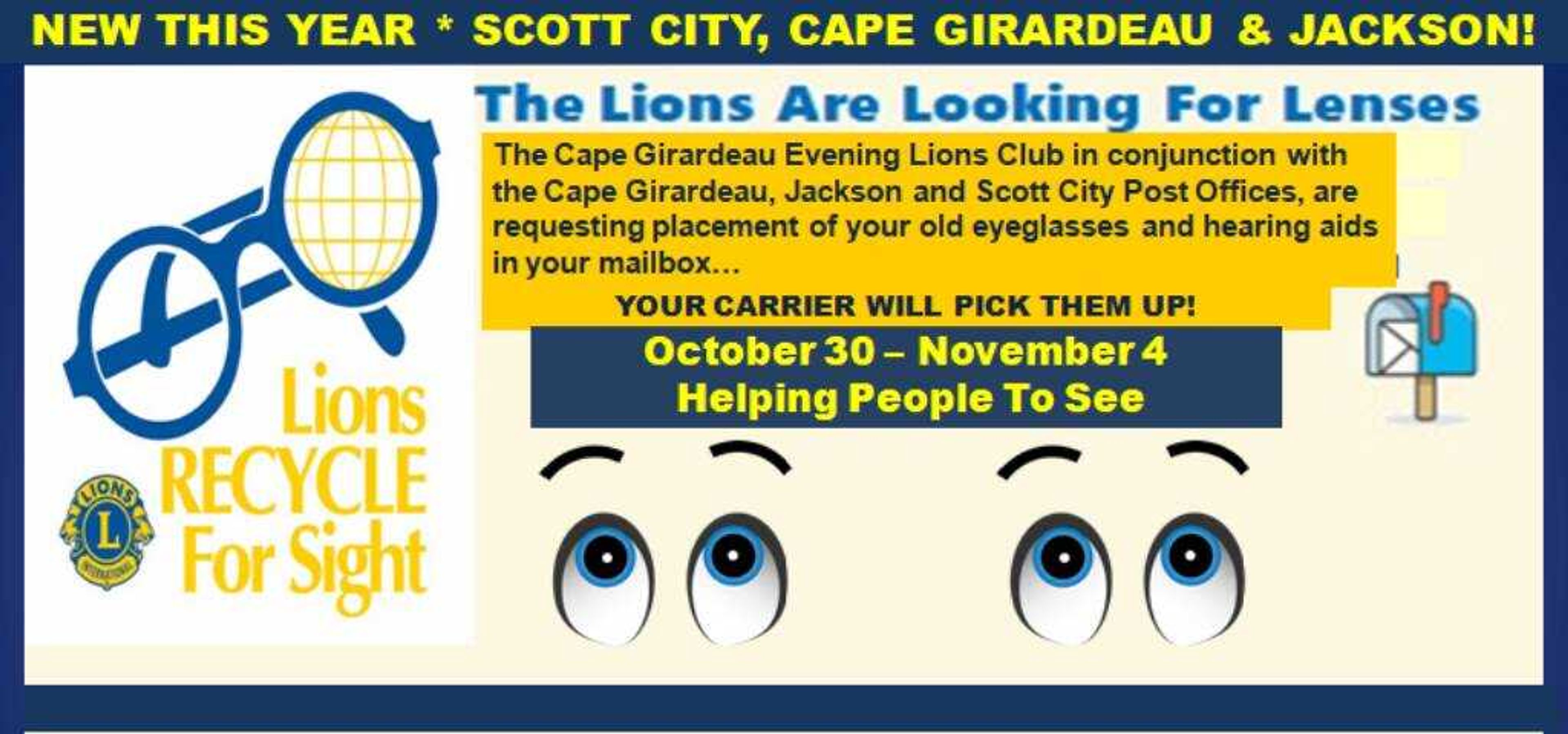 The Cape Girardeau Evening Lions Club is glad to add the residents of Scott City to those of Cape Girardeau and Jackson in 2023 as we look for lenses and hearing aids to help those in need... do your part!