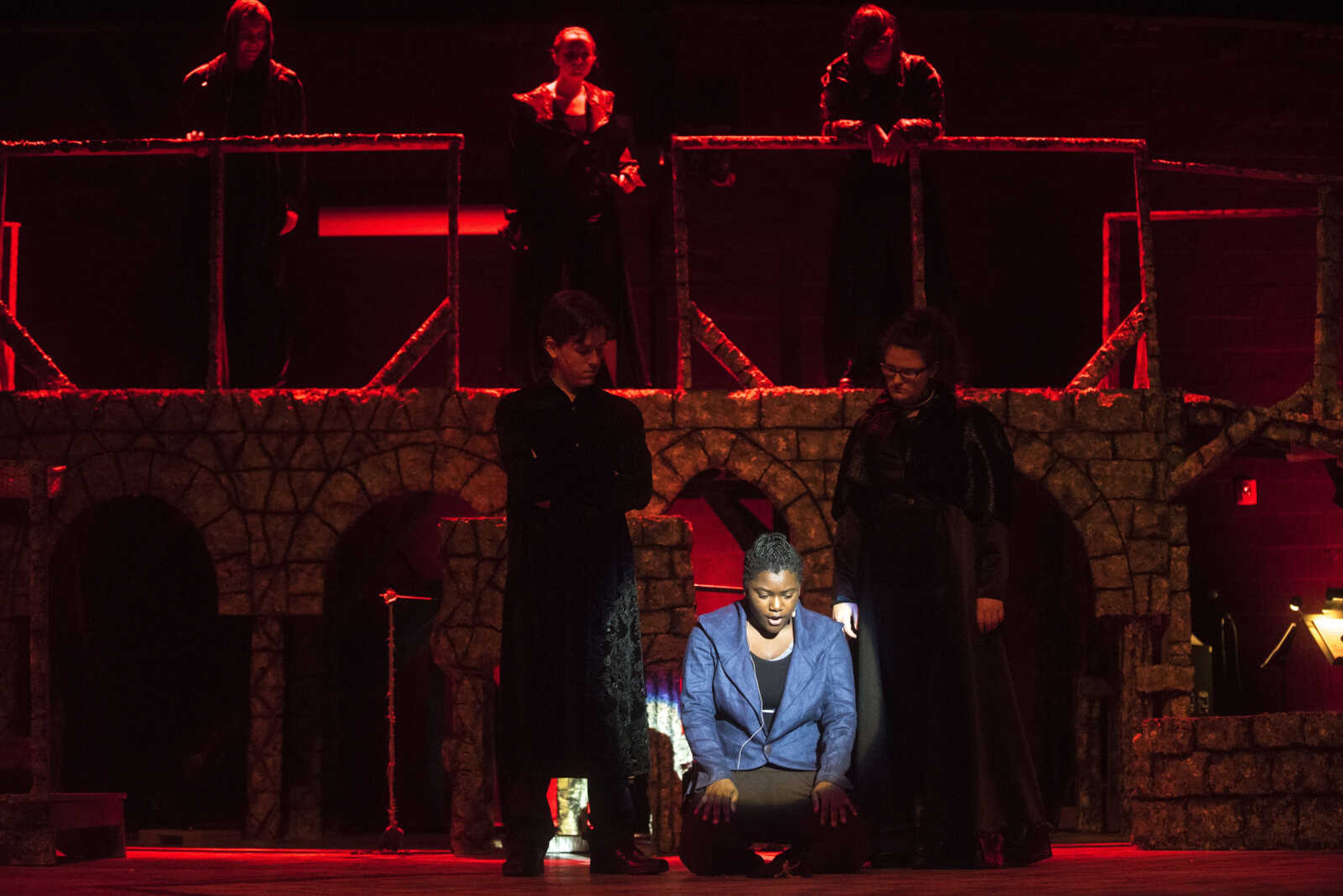 Ta'Liyah as Judas performs a scene of Jesus Christ Superstar during rehearsal Tuesday, March 28, 2017 at the Richard D. Kinder Performance Hall at Cape Girardeau Central High School.