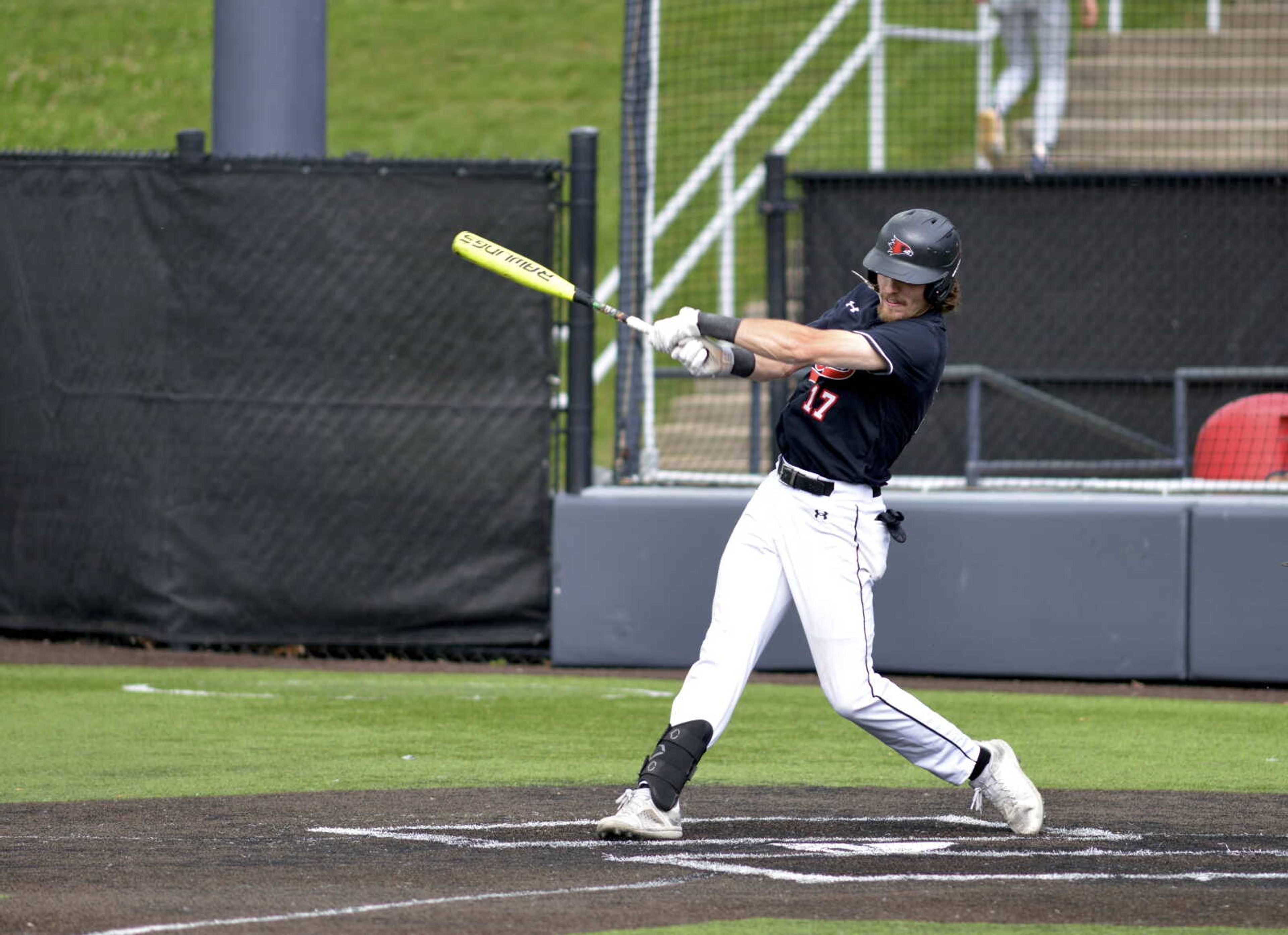 Southeast's Josh Cameron swings through a pitch during a Friday, May 17, 2024 game between the Southeast Missouri State Redhawks and the Tennessee-Martin Skyhawks at Capaha Field in Cape Girardeau, Mo.