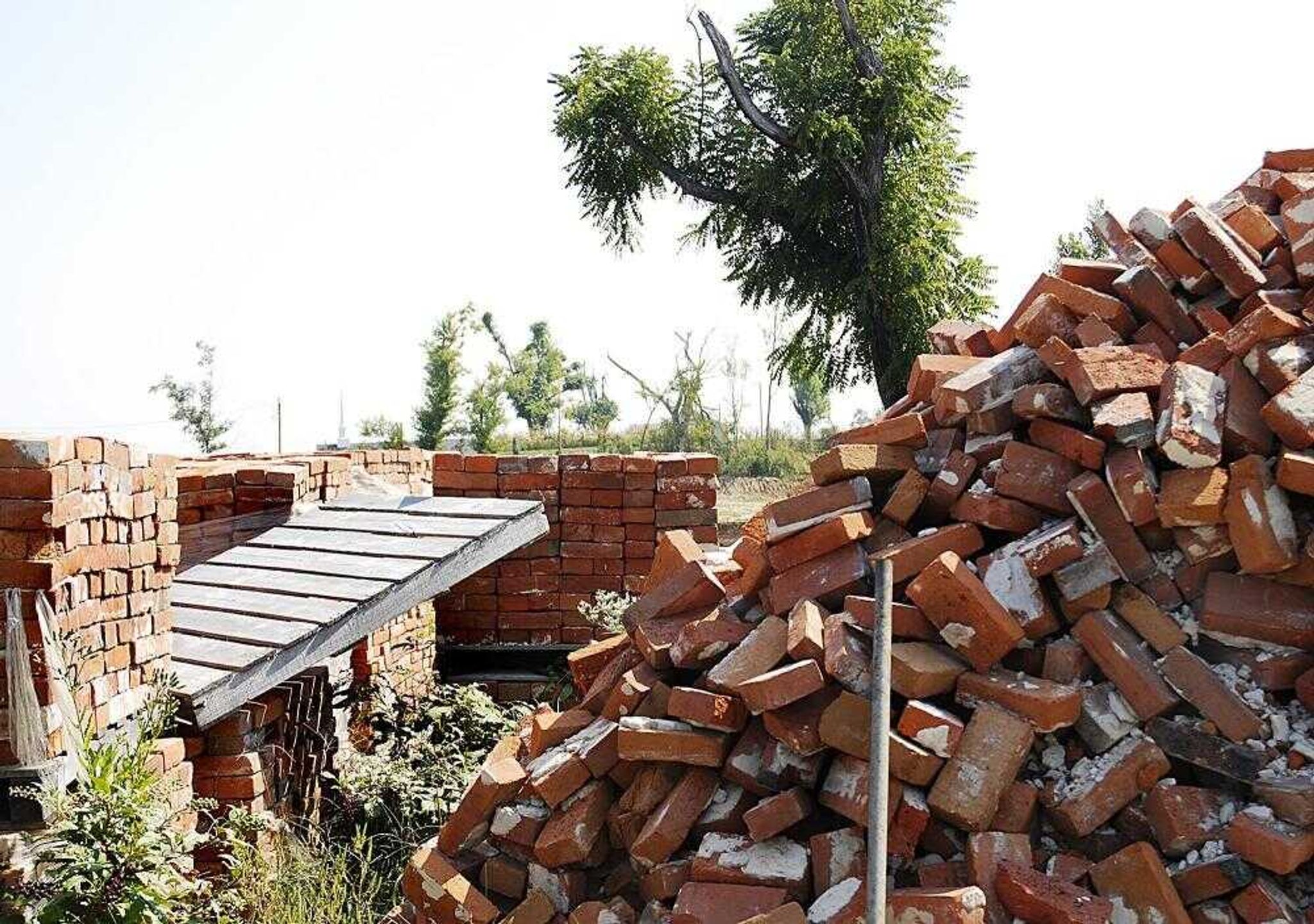 A pile of bricks salvaged from a home that was destroyed by tornado one year ago wait to be cleaned and stacked Friday in Crosstown, Mo. The bricks will be used in the home's reconstruction. (AARON EISEHAUER ~ aeisenhauer@semissourian.com)