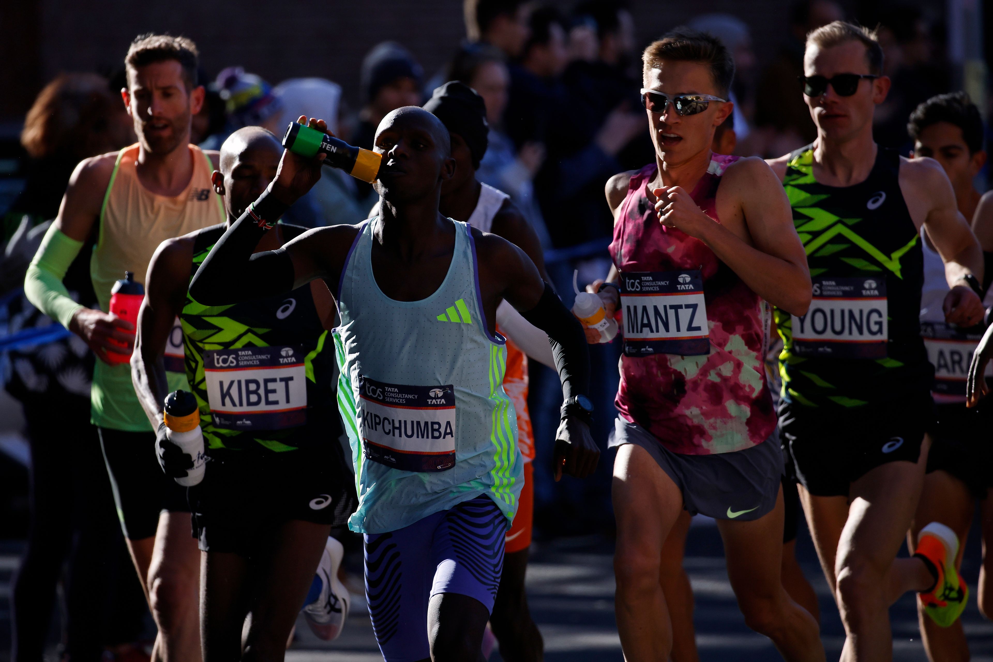 Runners in the men's elite division make their way through the Brooklyn borough during the New York City Marathon, Sunday, Nov. 3, 2024, in New York. (AP Photo/Eduardo Munoz Alvarez)