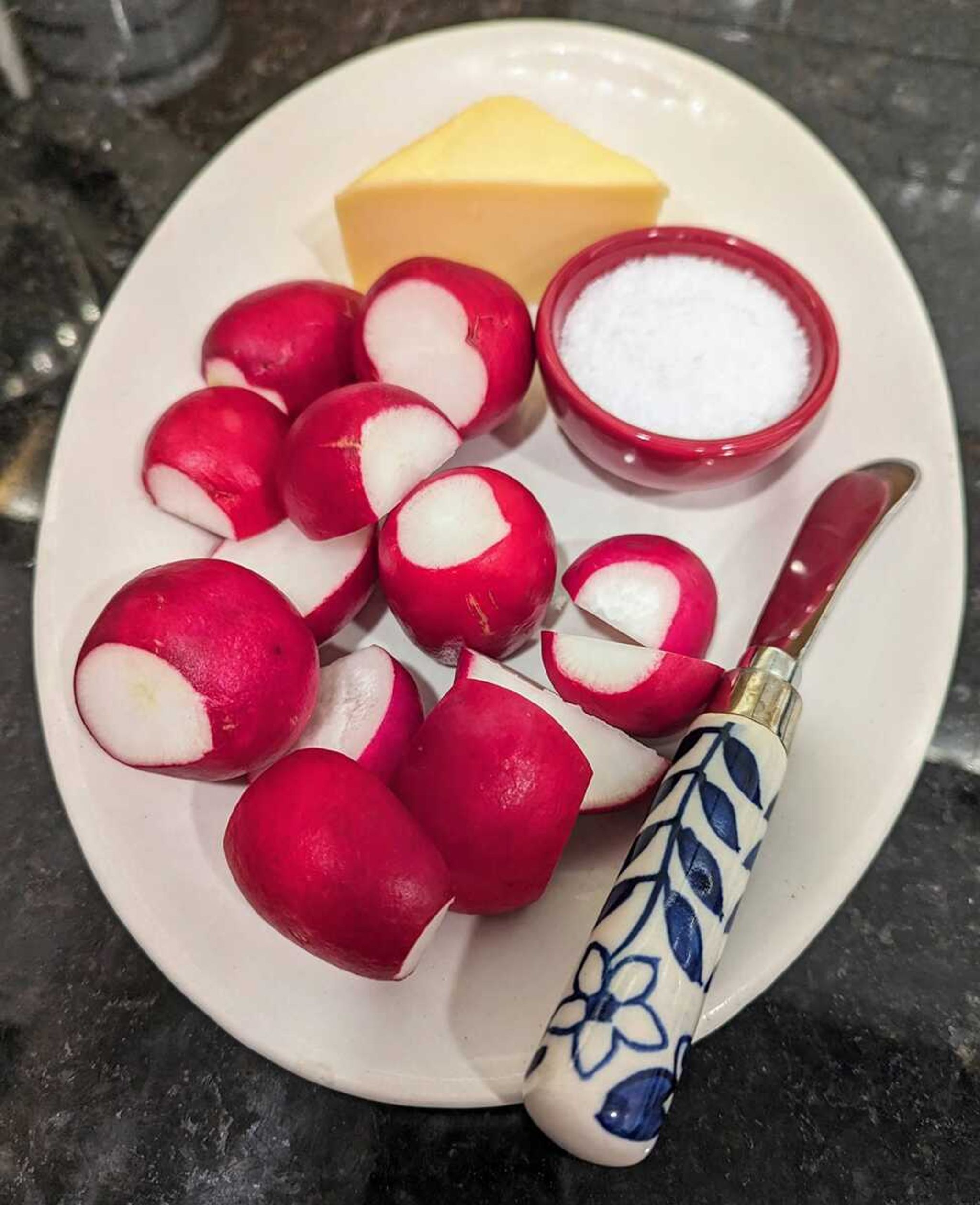 Simplicity and sophistication combine in the classic French appetizer of radishes with butter and salt.