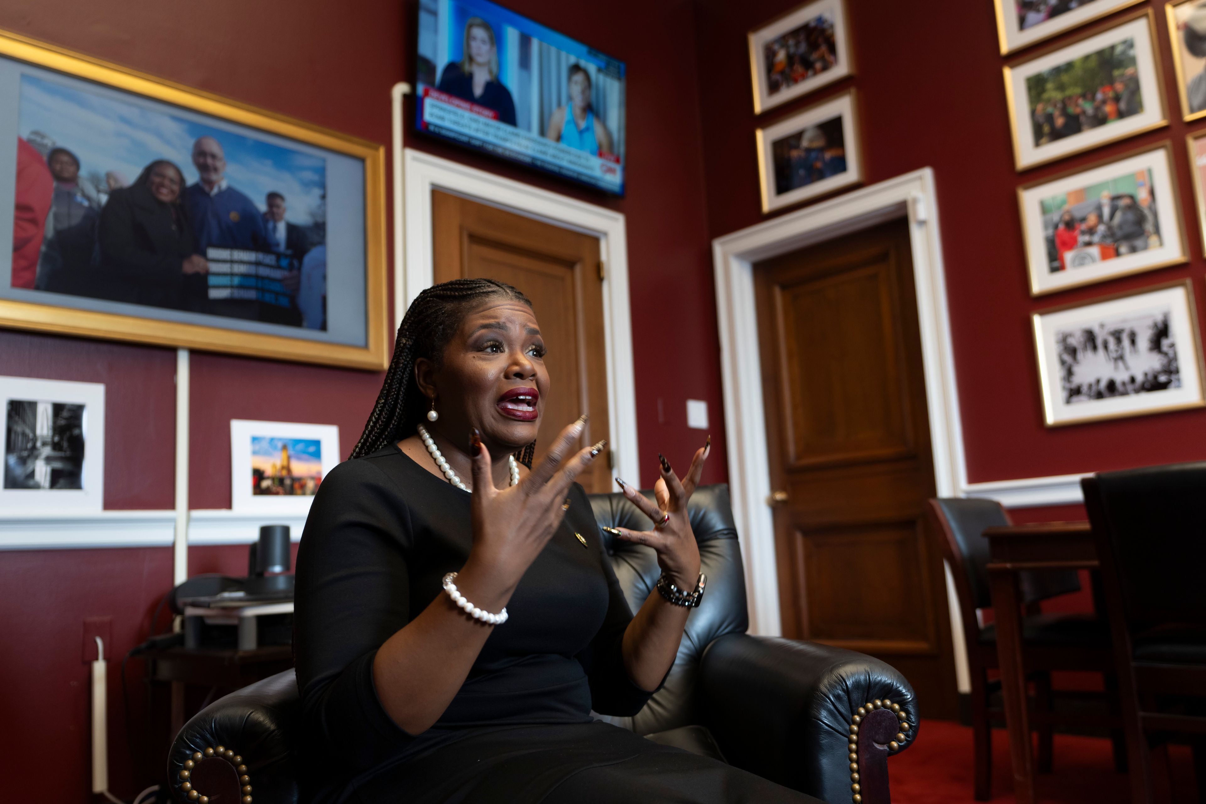 Rep. Cori Bush, D-Mo., speaks to an Associated Press reporter in her office at Capitol Hill in Washington, Thursday, Sept. 19, 2024. (AP Photo/Ben Curtis)