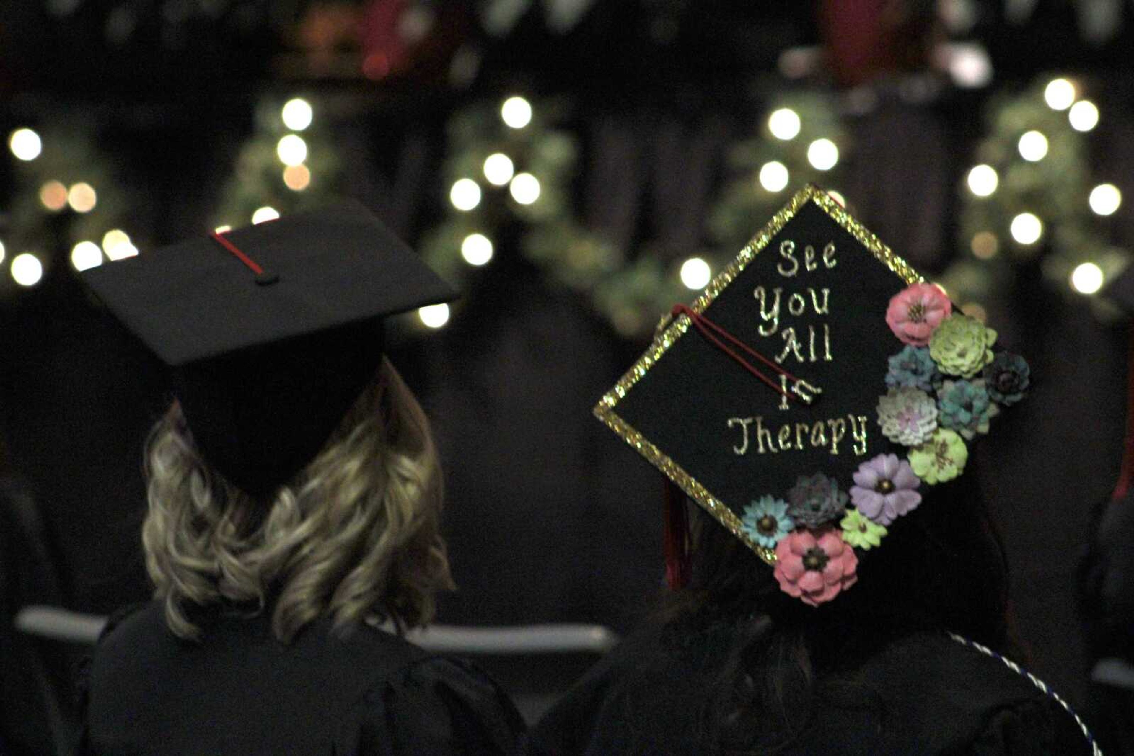 A Southeast Missouri State University graduateвЂ™s cap decorated with the phrase, вЂ�See You All in Therapy,вЂ™ is pictured during SEMOвЂ™s afternoon Fall Commencement Ceremony Saturday, Dec. 18, 2021, at the Show me Center in Cape Girardeau.