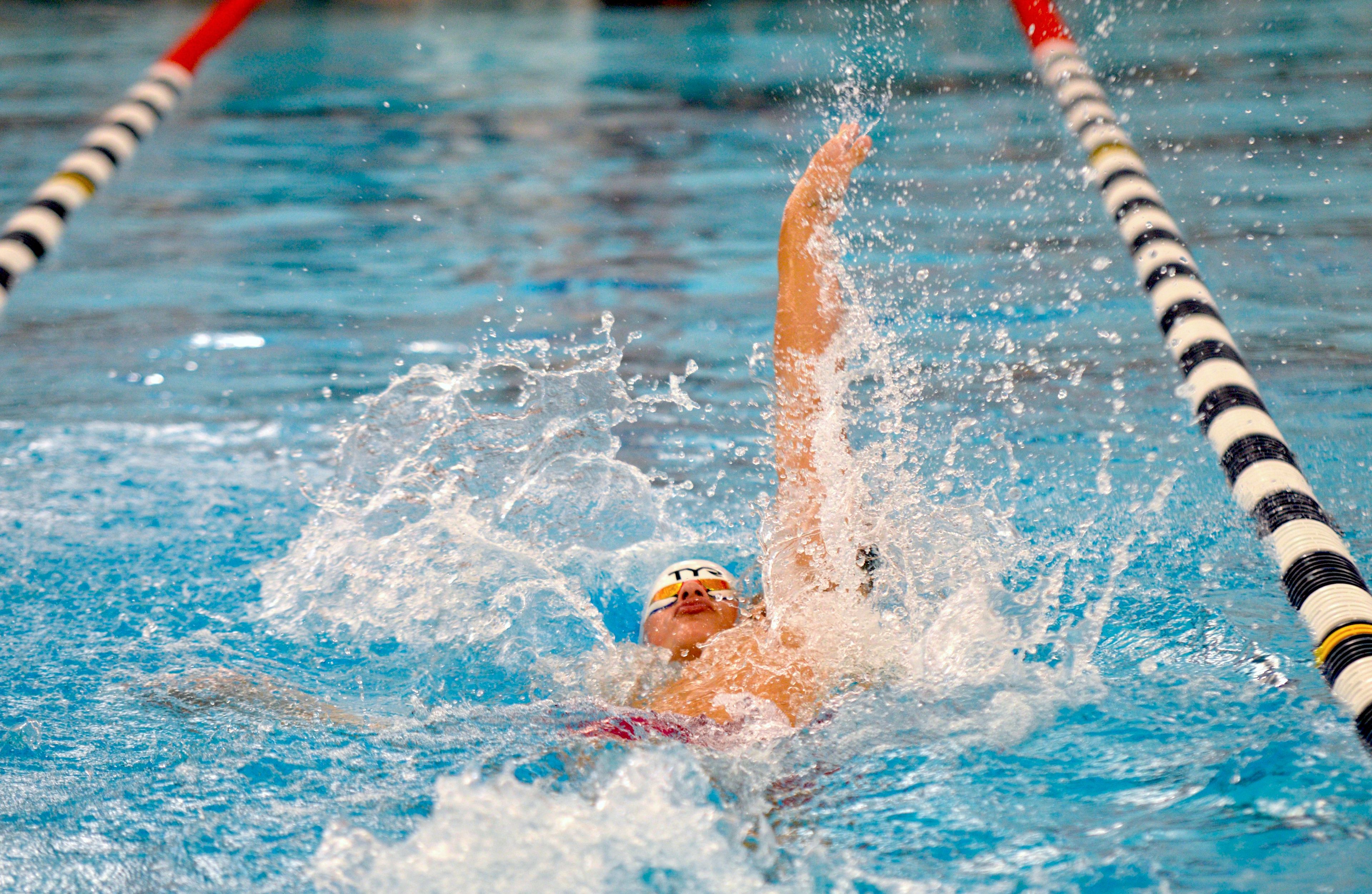 Notre Dame swimmer Hudson Dennis swims the backstroke at Cape Rock on Saturday, Sept. 14, at the Cape Aquatic Center.