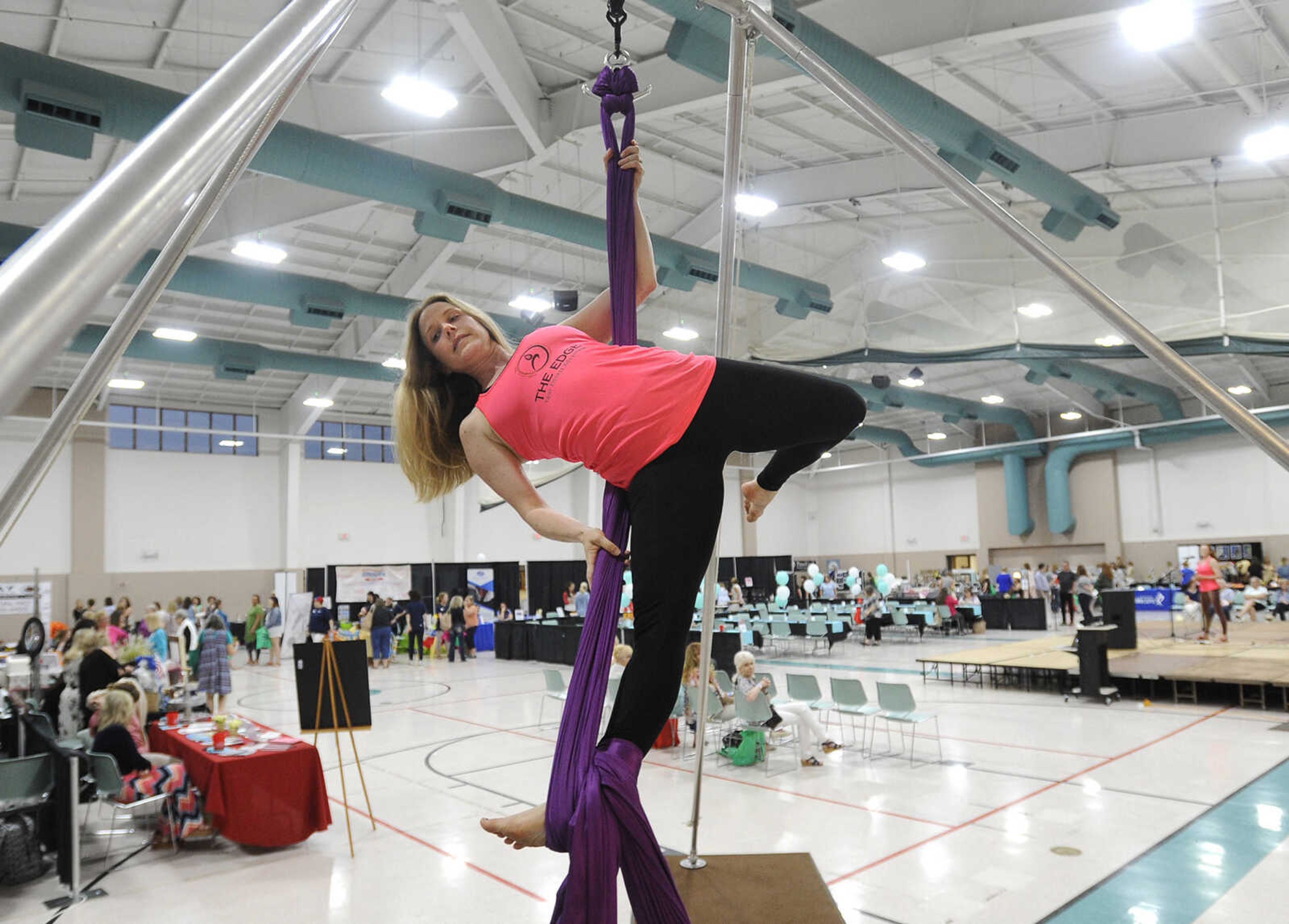 FRED LYNCH ~ flynch@semissourian.com
Hilary Peterson demonstrates aerial arts with The Edge on Thursday, May 10, 2018 at the Flourish Ladies Night Out at the Osage Centre.