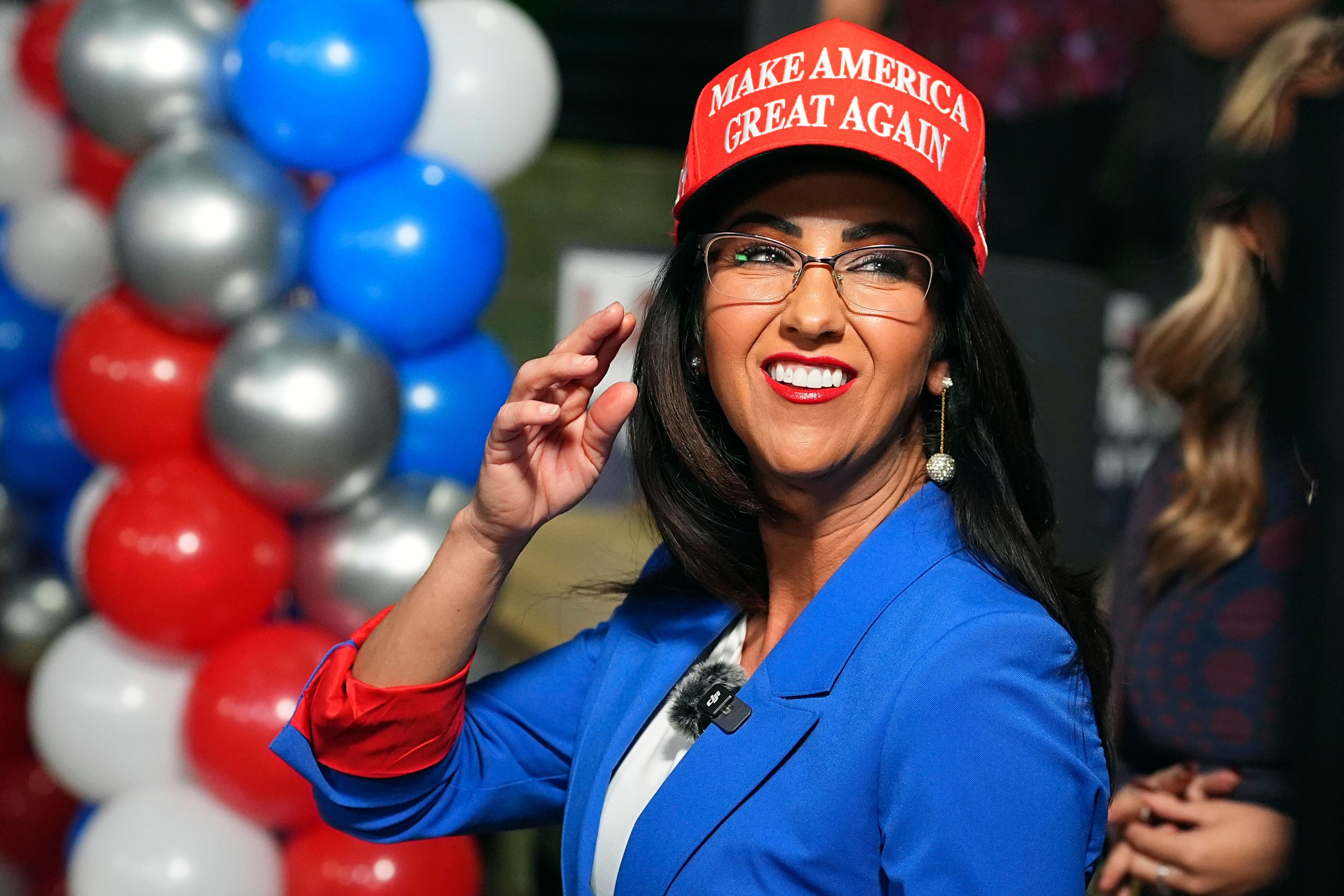 Lauren Boebert, Republican candidate for Colorado's 4th Congressional District, speaks to supporters at an election watch party, Tuesday, Nov. 5, 2024, in Windsor, Colo. (AP Photo/David Zalubowski)