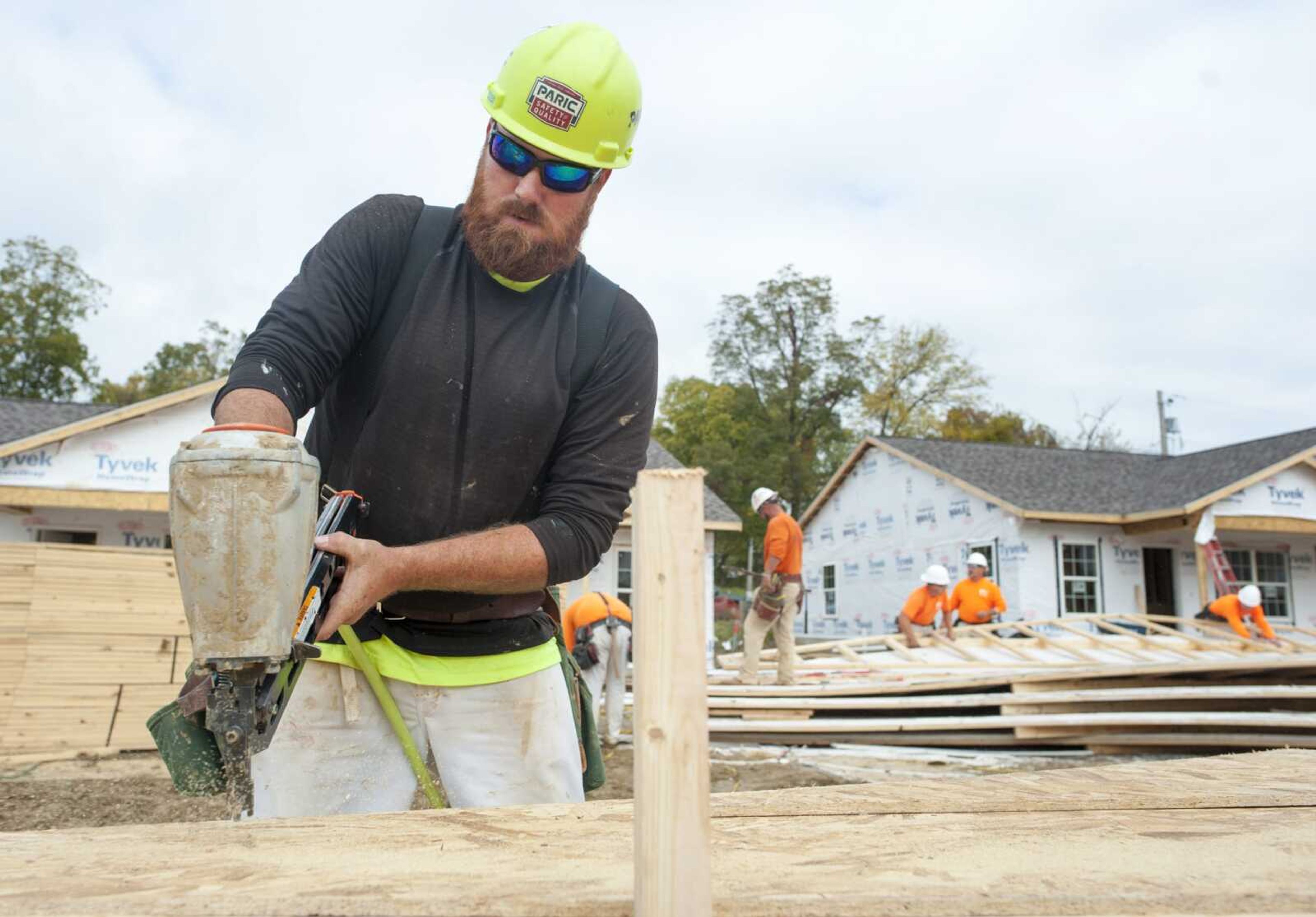 Carpenter Eddie Dowd of Park Hills, Missouri, nails a truss Monday at the future site of Liberty Apartments in the 1100 block of Walnut Street in Cape Girardeau. Double Diamond Construction & Development of Crystal City, Missouri, is the general contractor for the project.