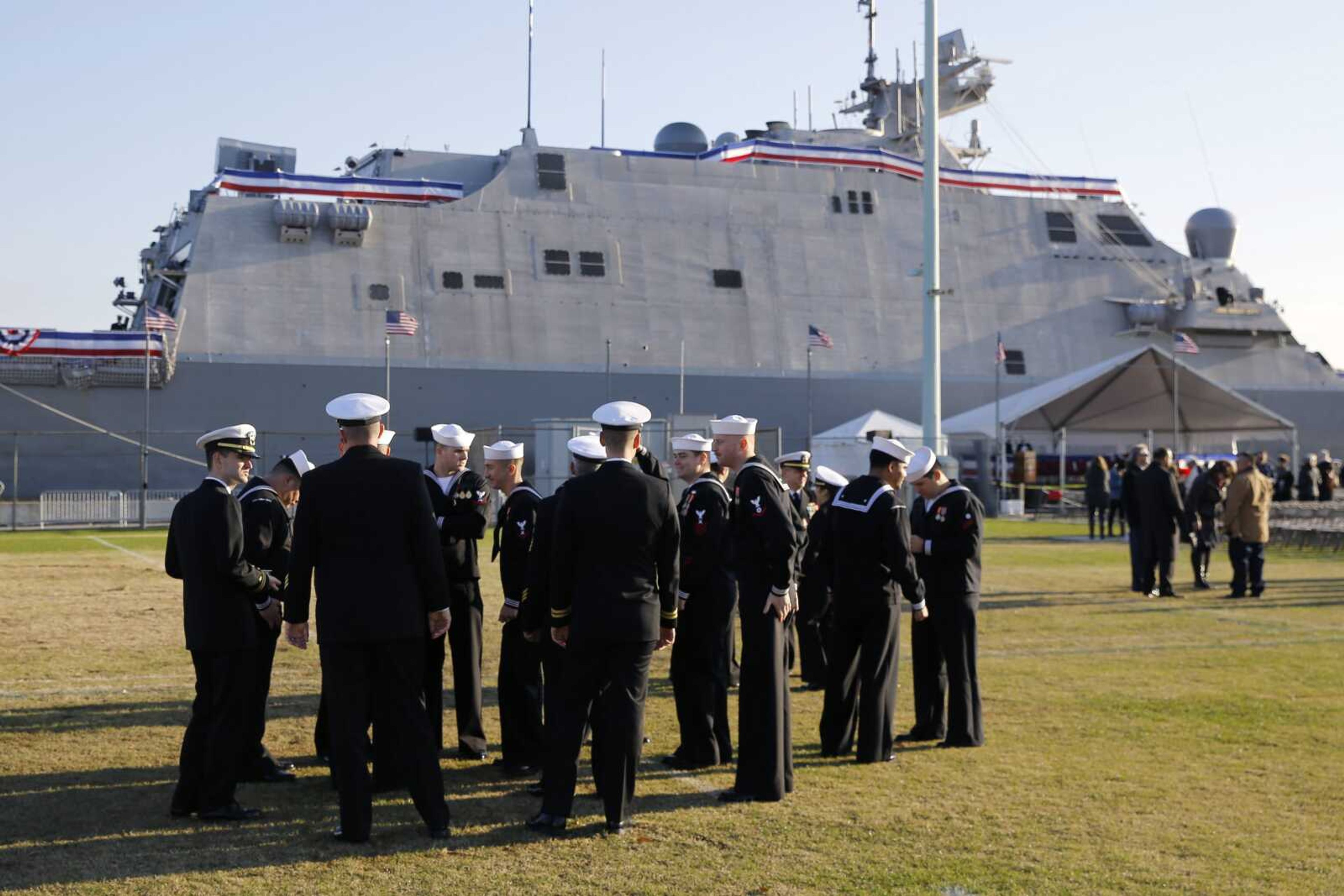 Crew members of the USS Sioux City, a Freedom-class of littoral combat ship, gather before the ship's commissioning ceremony Nov. 17, 2018, at the U.S. Naval Academy in Annapolis, Maryland.