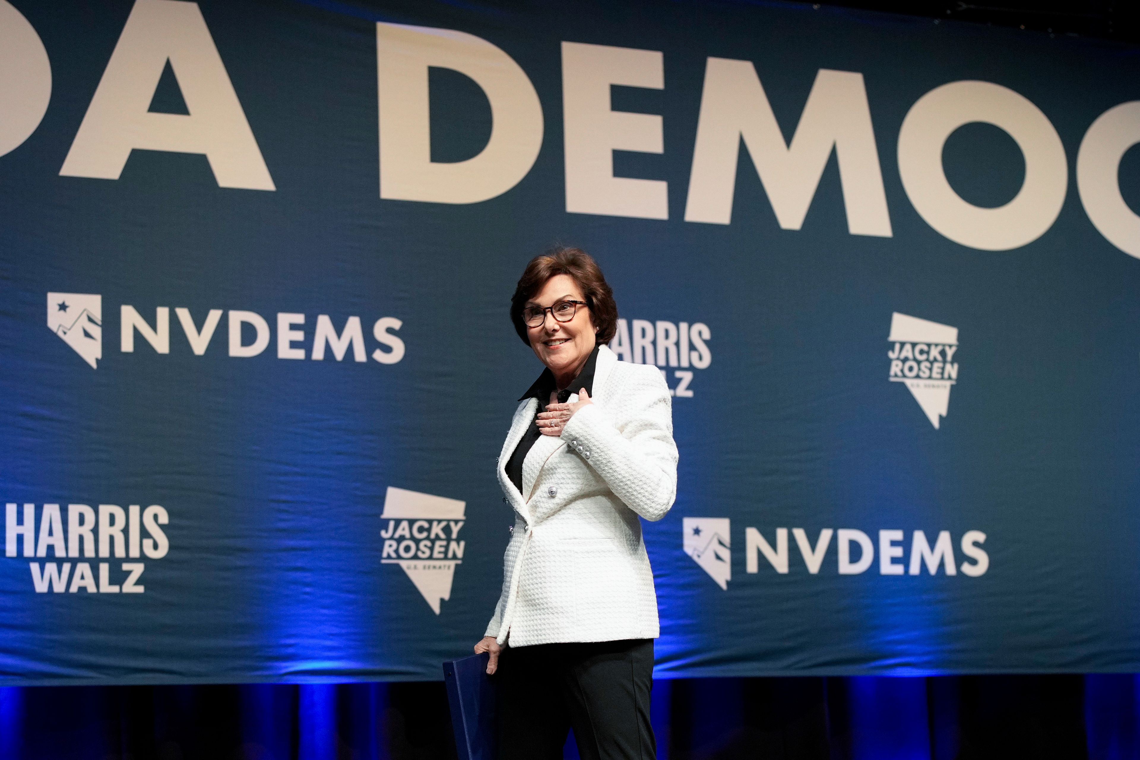 Sen. Jacky Rosen, D-Nev., reacts to the crowd after speaking to supporters during an election watch party Wednesday, Nov. 6, 2024, in Las Vegas. (AP Photo/John Locher)