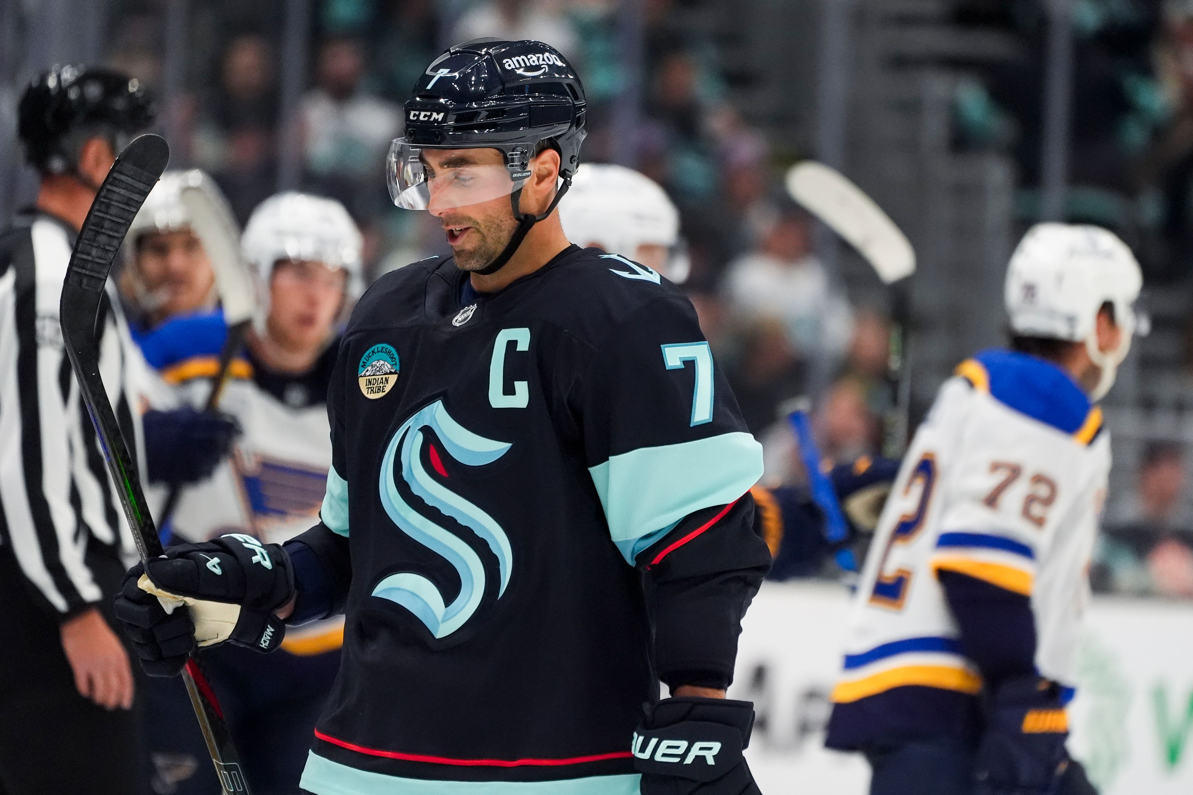 Seattle Kraken right wing Jordan Eberle looks down after a St. Louis Blues goal during the second period of an NHL hockey game Tuesday, Oct. 8, 2024, in Seattle. (AP Photo/Lindsey Wasson)