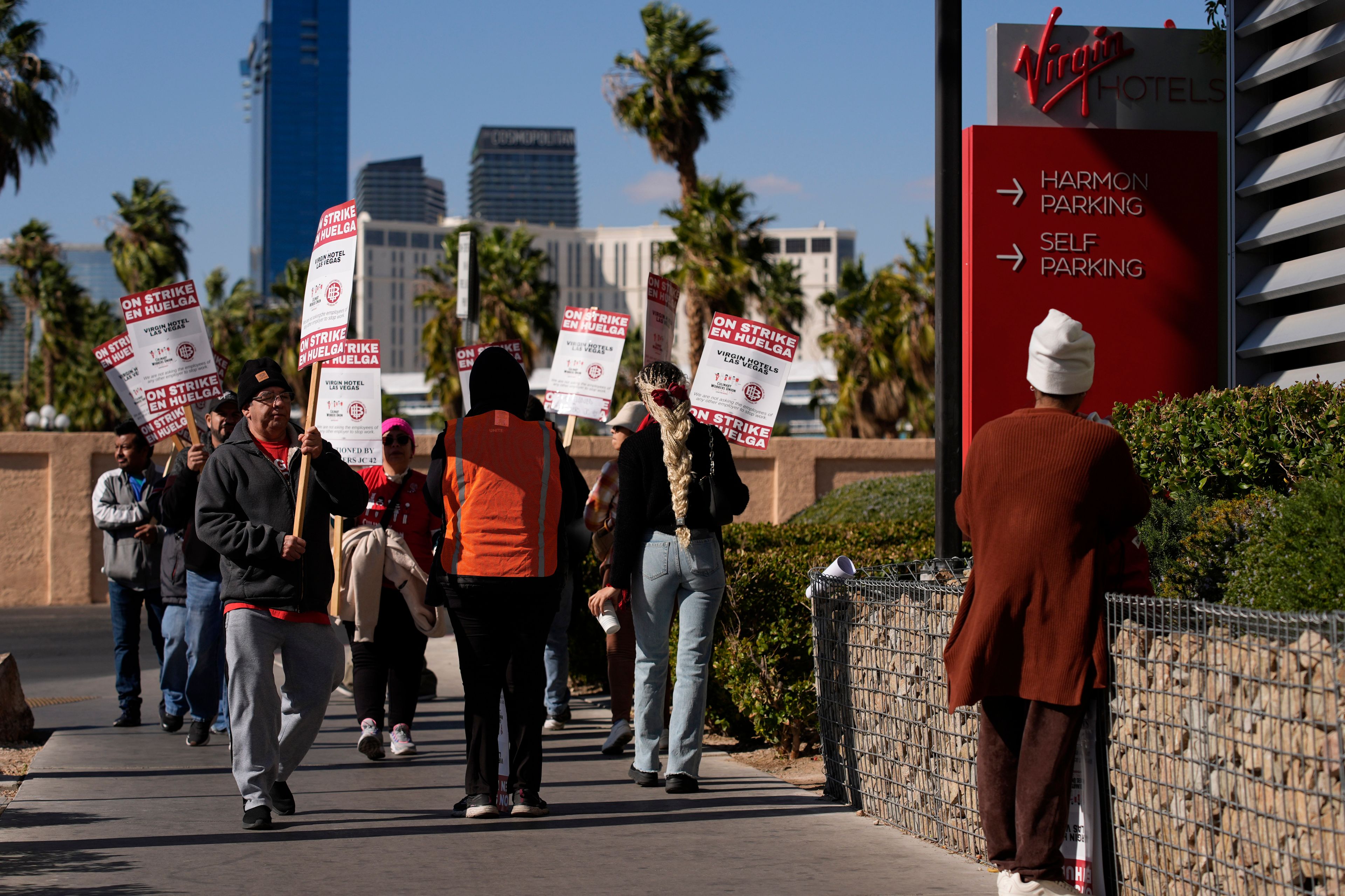 Members of the Culinary Workers Union picket in front of the Virgin Hotels Las Vegas, Friday, Nov. 15, 2024, in Las Vegas. (AP Photo/John Locher)