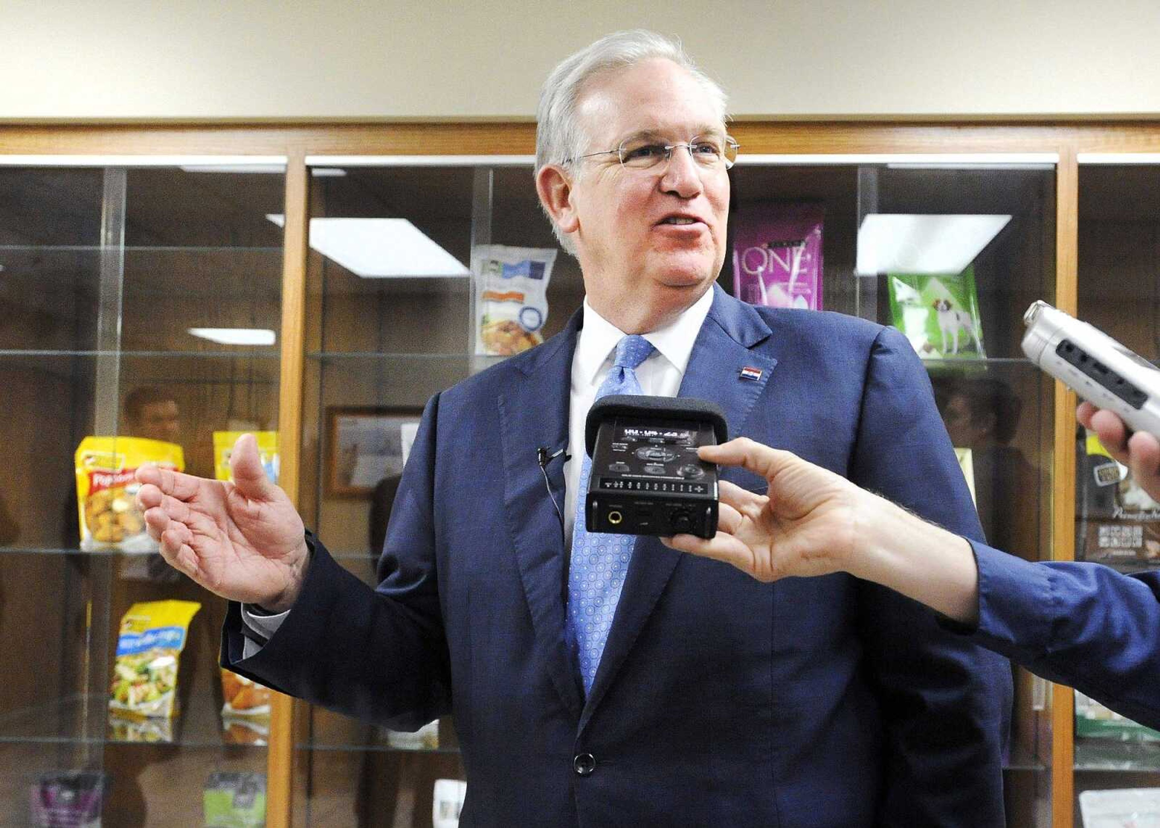 Missouri Gov. Jay Nixon fields questions from reporters during his visit Wednesday at Mondi Jackson Inc. (Laura Simon)