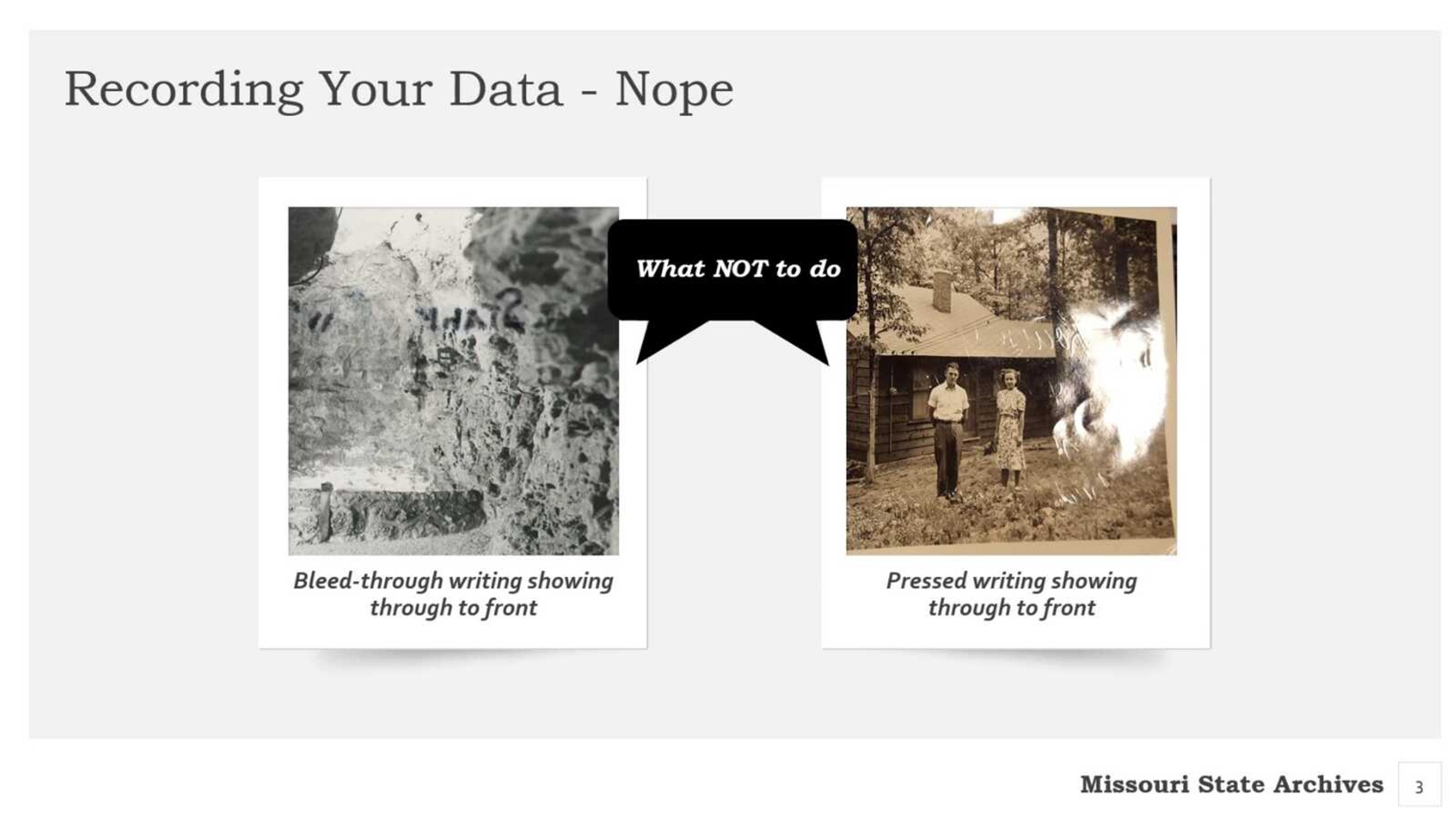 A screen capture of a video by the Missouri State Archives shows problems with marking on photographs. The state agency has created a series of videos on YouTube that educates viewers on proper techniques to preserve photographs for future generations.