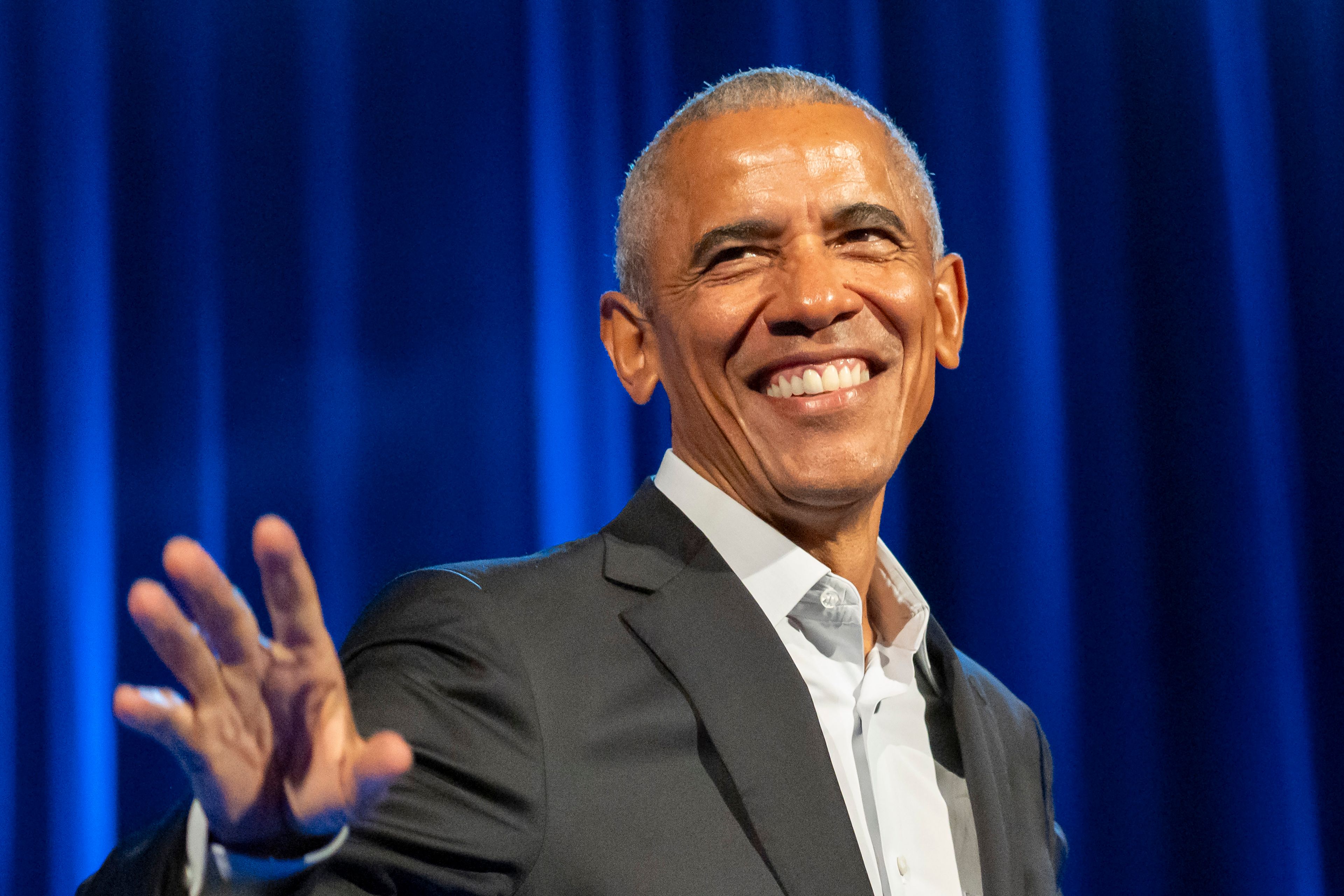 FILE - Former President Barack Obama, with President Joe Biden and Bill Clinton, participates in a fundraising event with Stephen Colbert at Radio City Music Hall, Thursday, March 28, 2024, in New York. Obama and former first lady Michelle Obama have endorsed Kamala Harris in her White House bid, giving the vice president the expected but still crucial backing of the nation’s two most popular Democrats.(AP Photo/Alex Brandon, File)