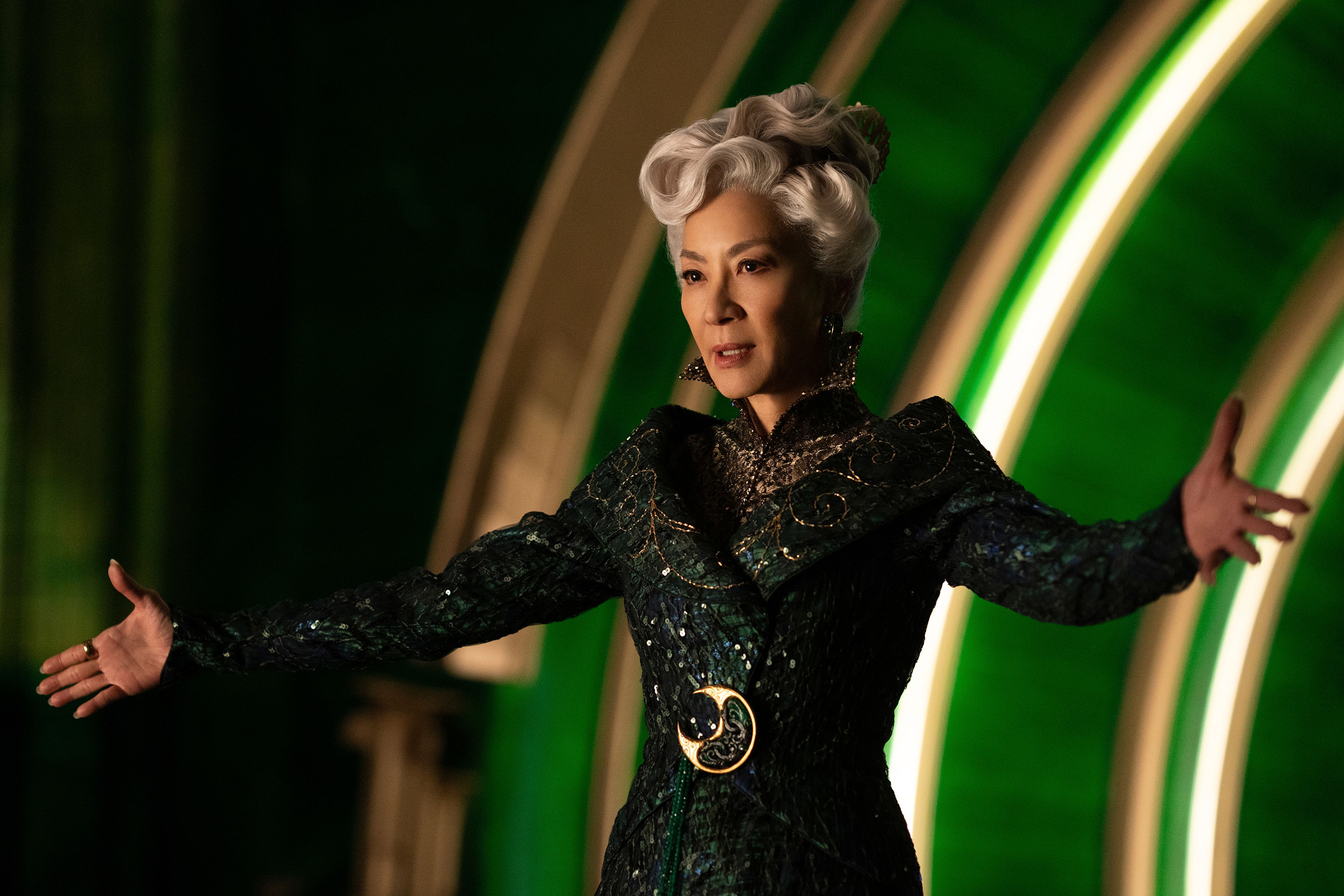 This image released by Universal Pictures shows Michelle Yeoh in a scene from the film "Wicked." (Universal Pictures via AP)