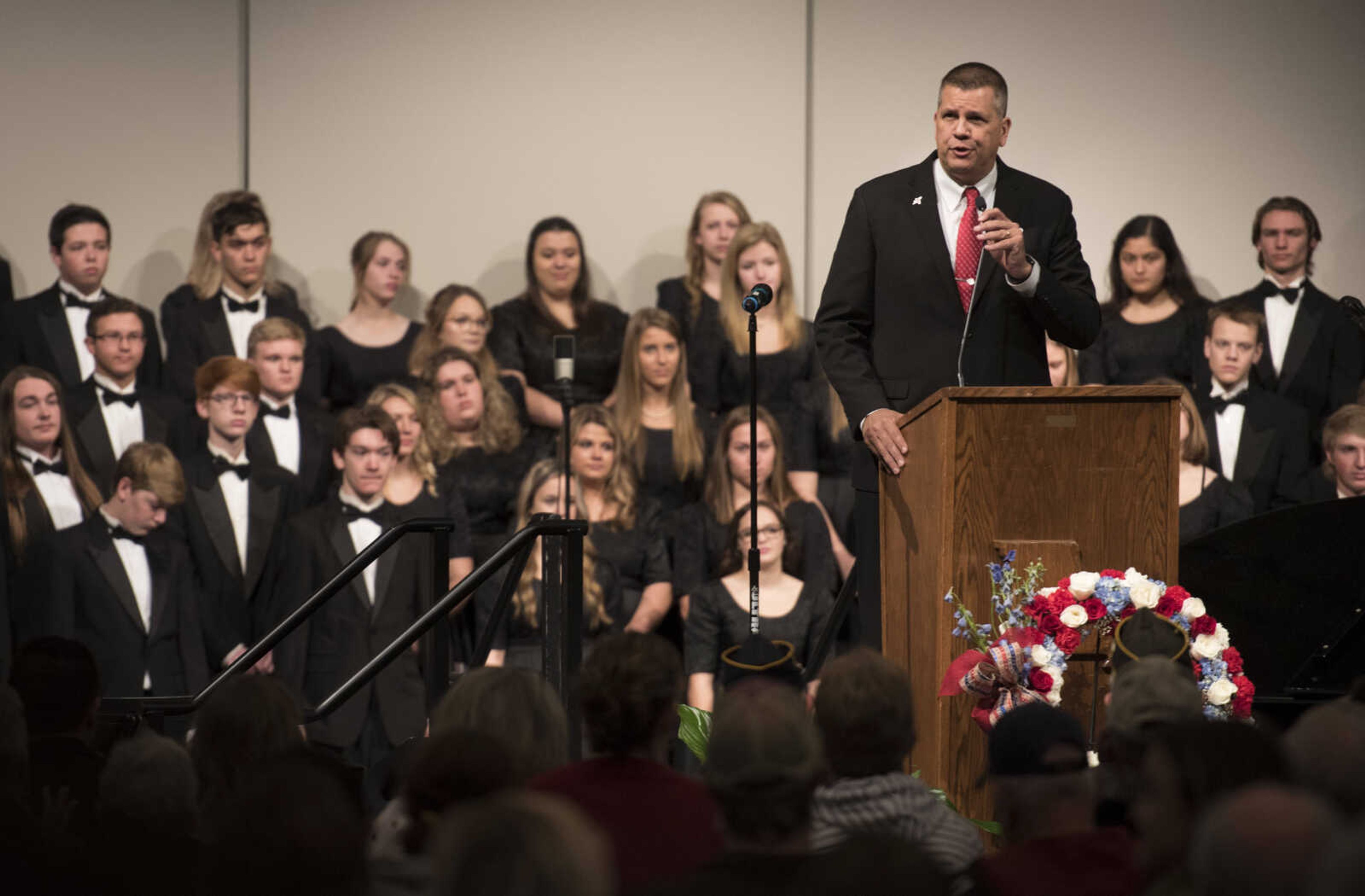 Jackson R-2 school superintendent John Link delivers final remarks at an assembly to honor veterans Monday, Nov. 11, 2019, at Jackson High School.