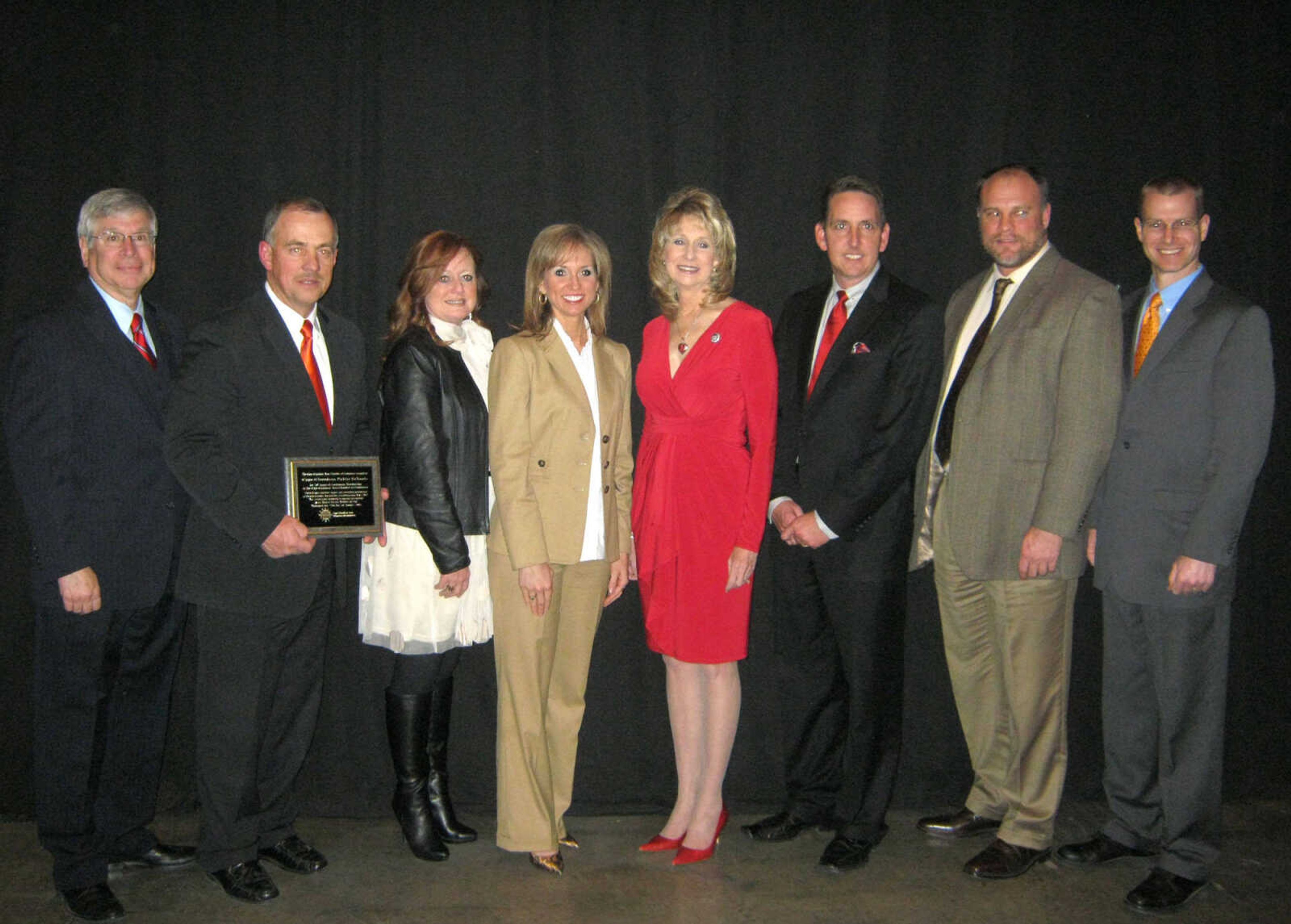 The Cape Girardeau School Board was honored for 50 years of uninterrupted membership. From left: Sen. Wayne Wallingford, R-Cape Girardeau; Dr. James Welker, Dr. Sherry Copeland, Rep. Shelley Keeney, R-Marble Hill; Rep. Kathy Swan, R-Cape Girardeau; Philip Moore, Neil Glass and Kyle McDonald.