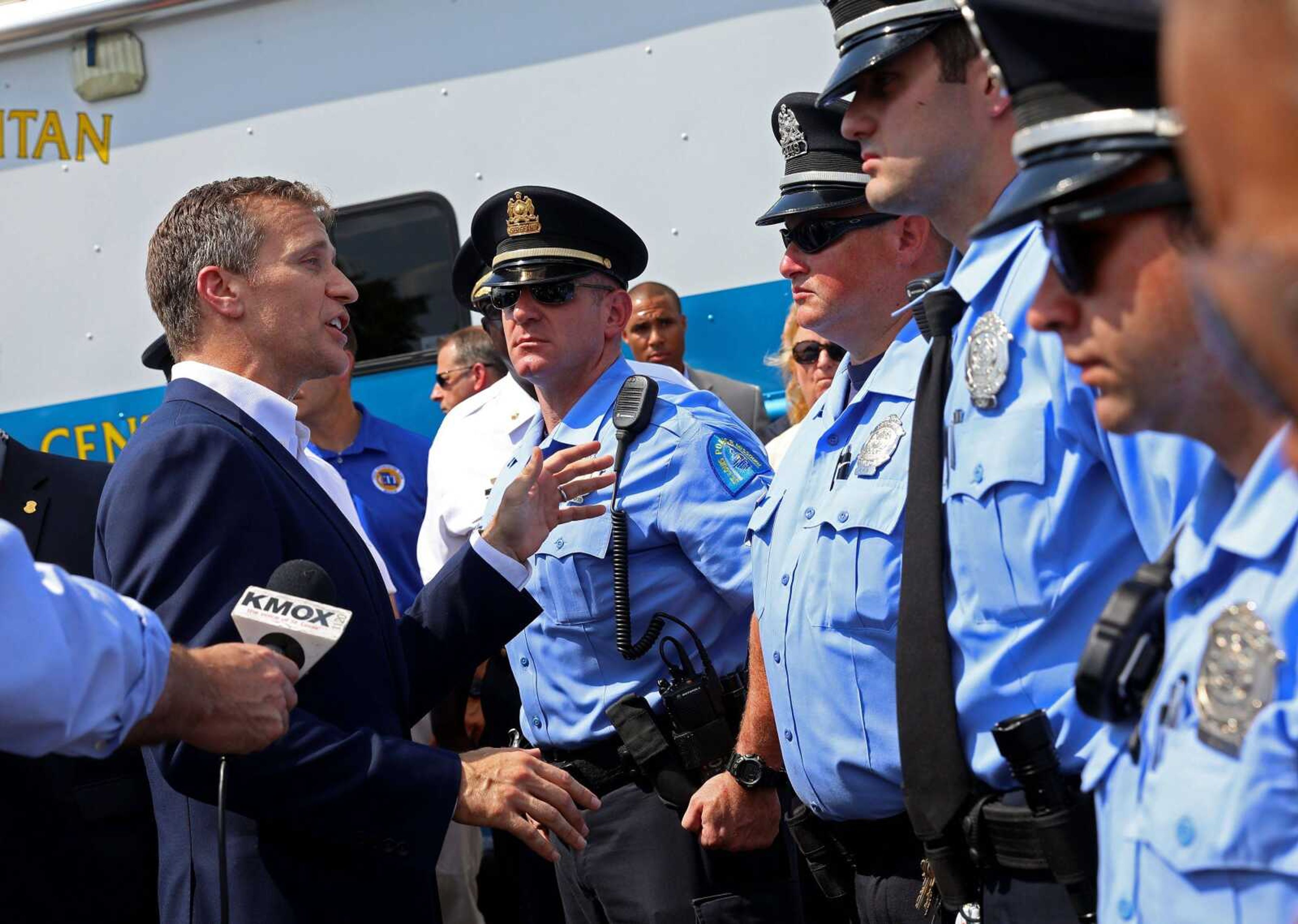 Missouri Gov. Eric Greitens speaks to St. Louis police officers after a news conference Monday in St. Louis.