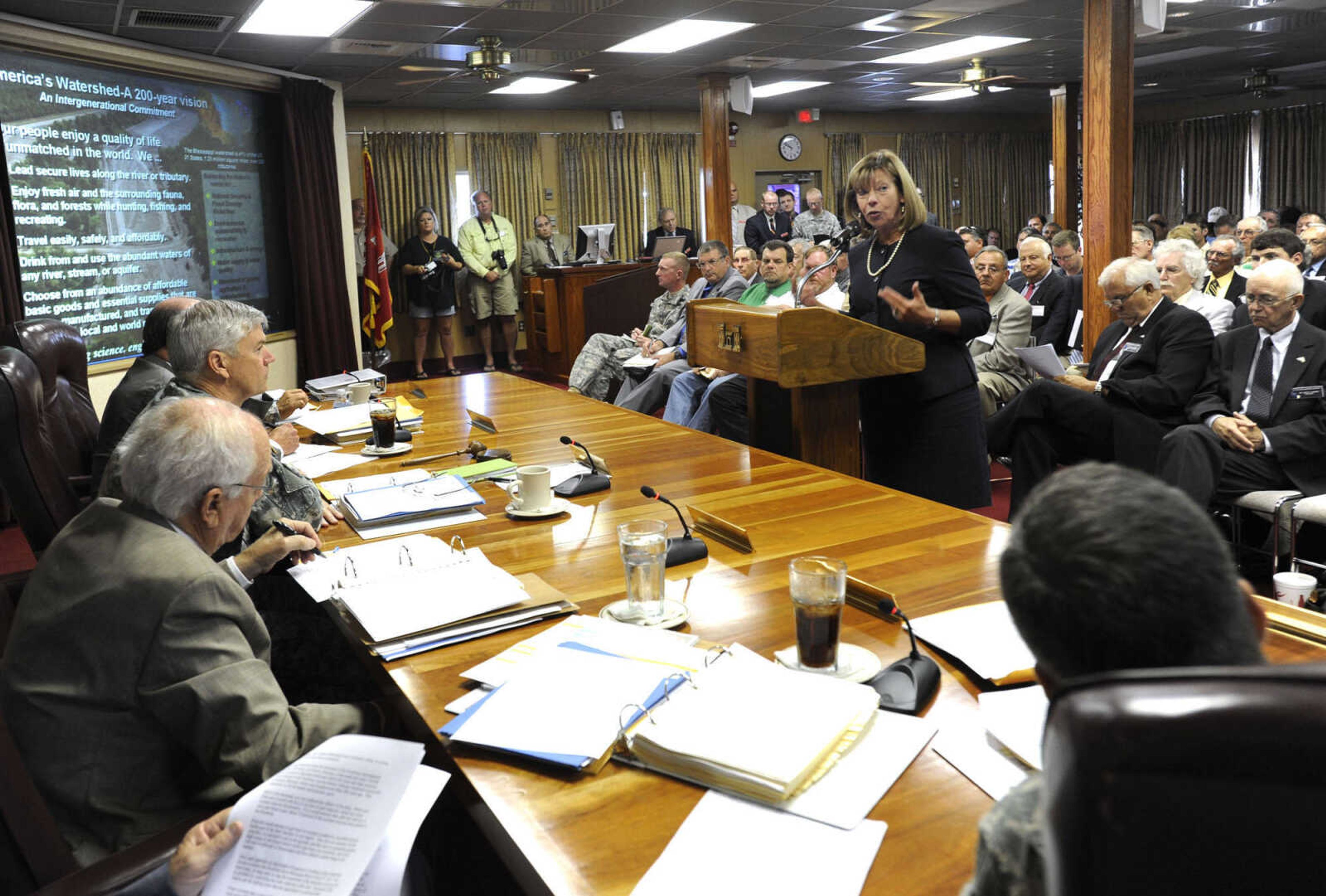 FRED LYNCH ~ flynch@semissourian.com
U.S. Rep. Jo Ann Emerson speaks to members of the Mississippi River Commission aboard the MV Mississippi Monday, Aug. 15, 2011 at New Madrid, Mo.