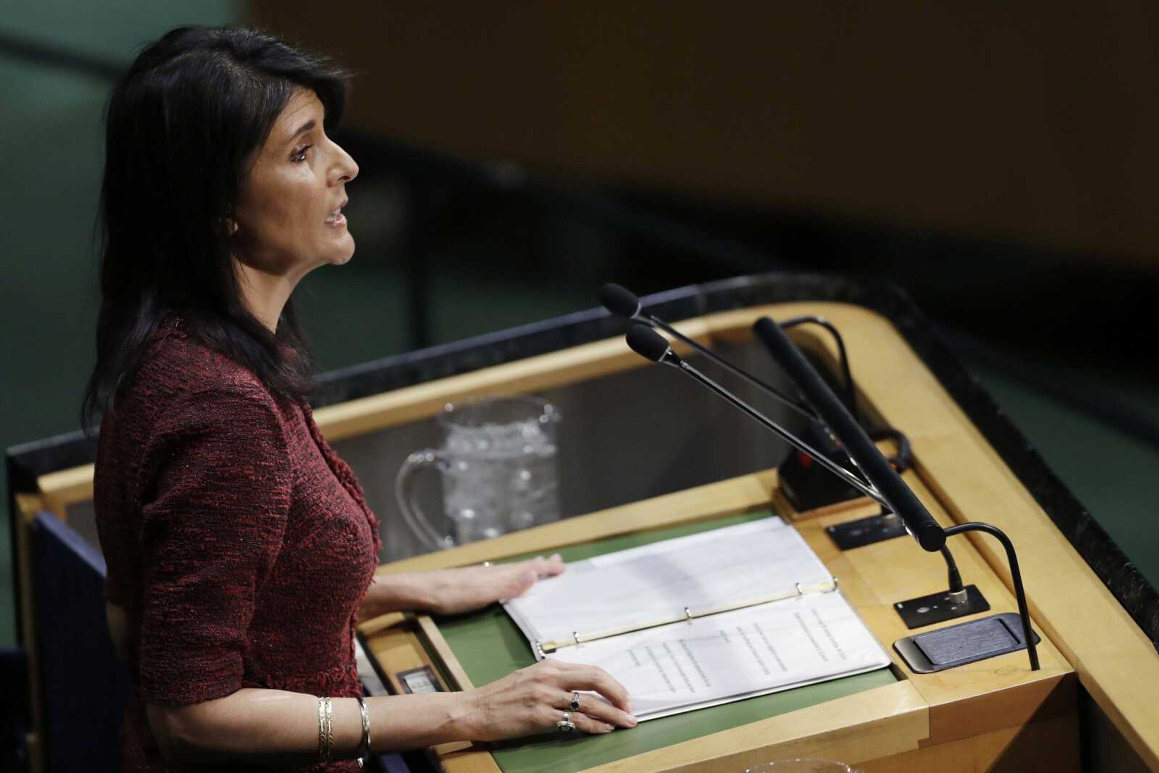 U.S. ambassador to the United Nations Nikki Haley speaks at the U.N. General Assembly at United Nations headquarters.