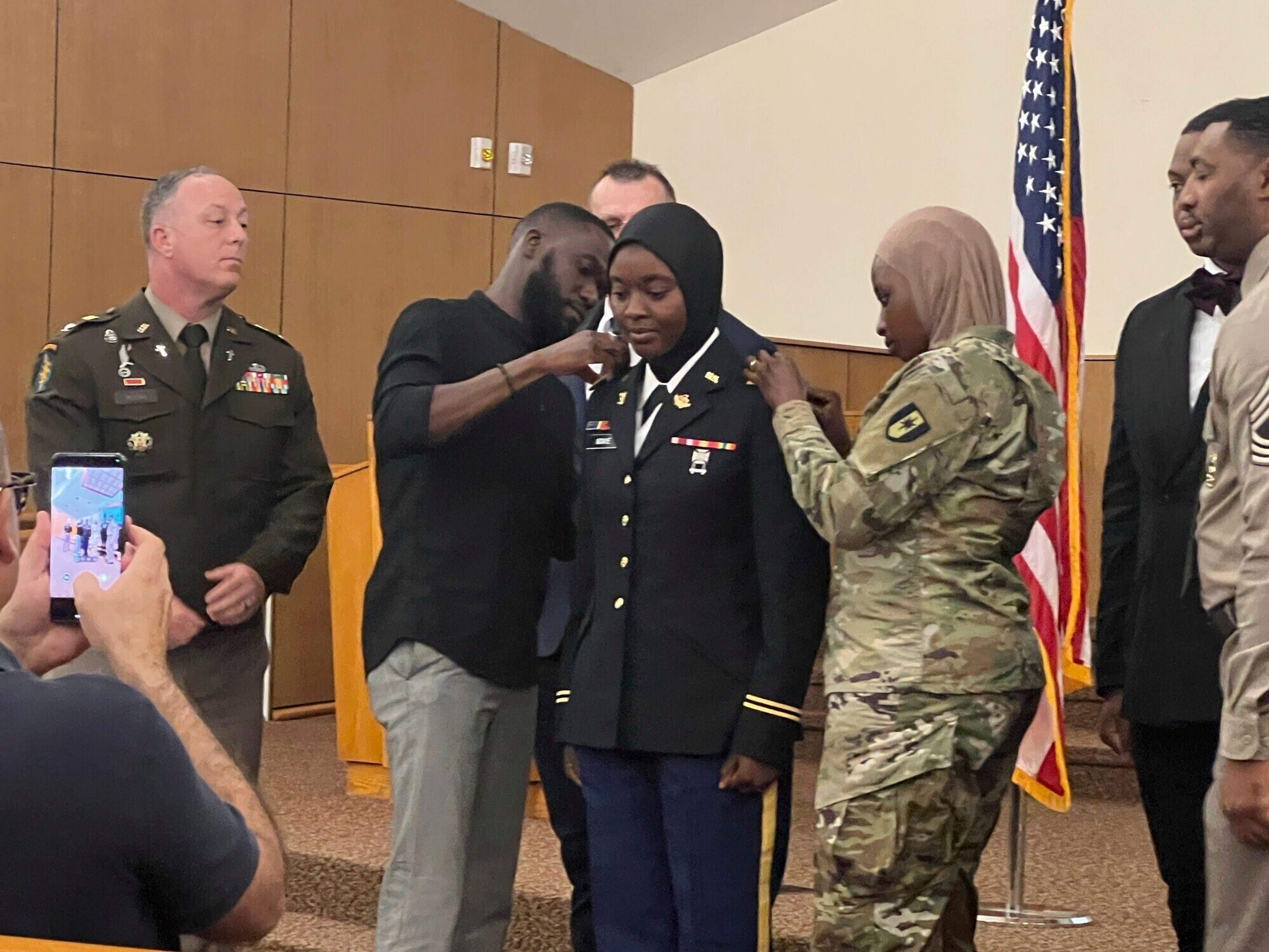 The U.S. Army Chief of Chaplains, Maj. Gen. Bill Green, commissioned the first female Muslim Chaplain Candidate in the Army, Second Lt. Khady Ndiaye during a three-day Army Chaplain Experience event at the All American Chapel, Fort Liberty on June 5, 2024. (Jason Ragucci, U.S. Army, Fort Liberty Garrion Public Affairs Office via AP)