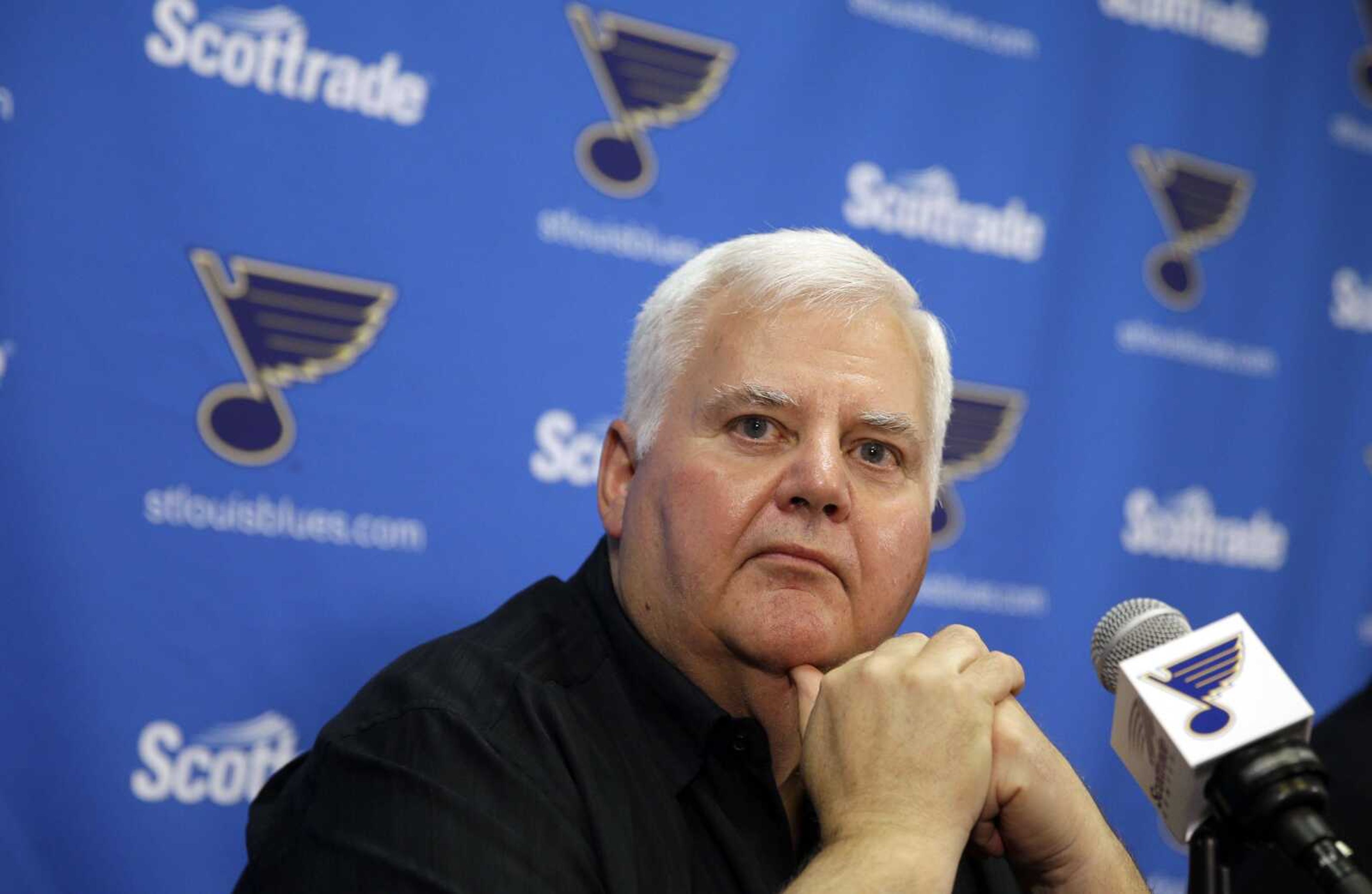 St. Louis Blues head coach Ken Hitchcock listens to a question during a news conference Tuesday, May 26, 2015, in St. Louis. The Blues are sticking with Hitchcock for another season, announcing the veteran NHL hockey coach has signed a one-year contract with the team. (AP Photo/Jeff Roberson)