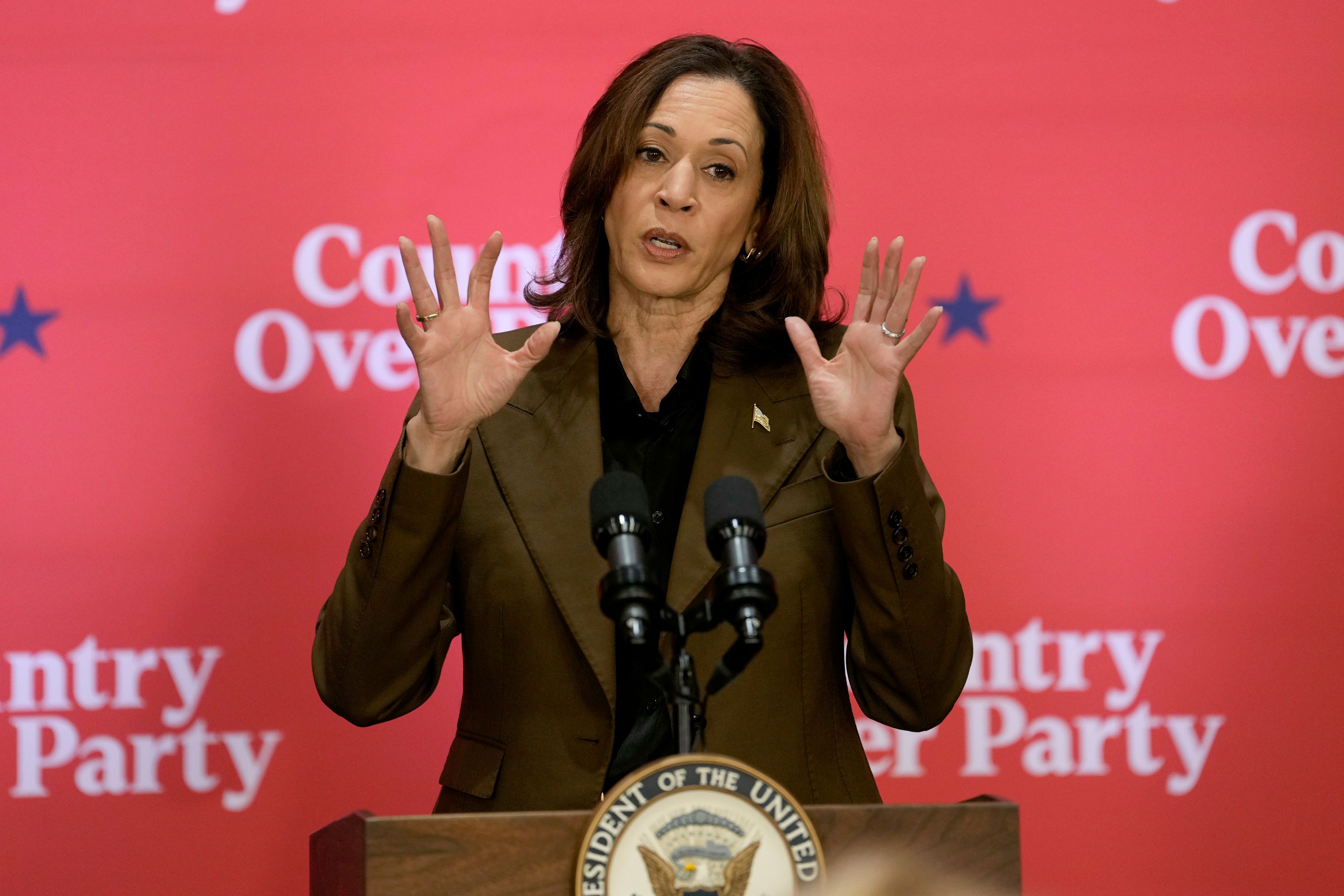 Democratic presidential nominee Vice President Kamala Harris speaks at a campaign event Friday, Oct. 11, 2024, at the Grayhawk Golf Club in Scottsdale, Ariz. (AP Photo/Ross D. Franklin)