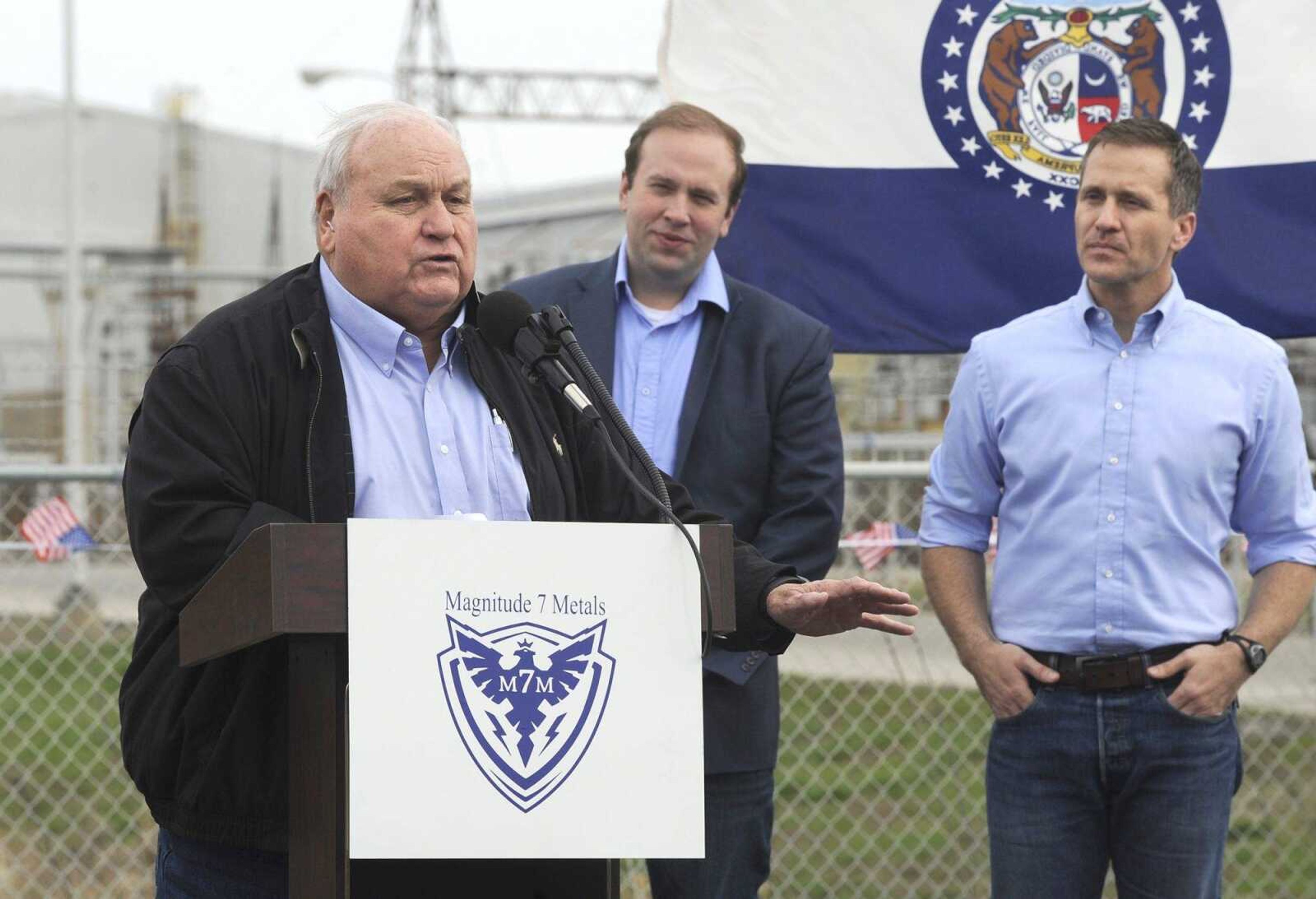 State Rep. Don Rone speaks Friday as U.S. Rep. Jason Smith and Gov. Eric Greitens listen at Magnitude 7 Metals in New Madrid County,Missouri.