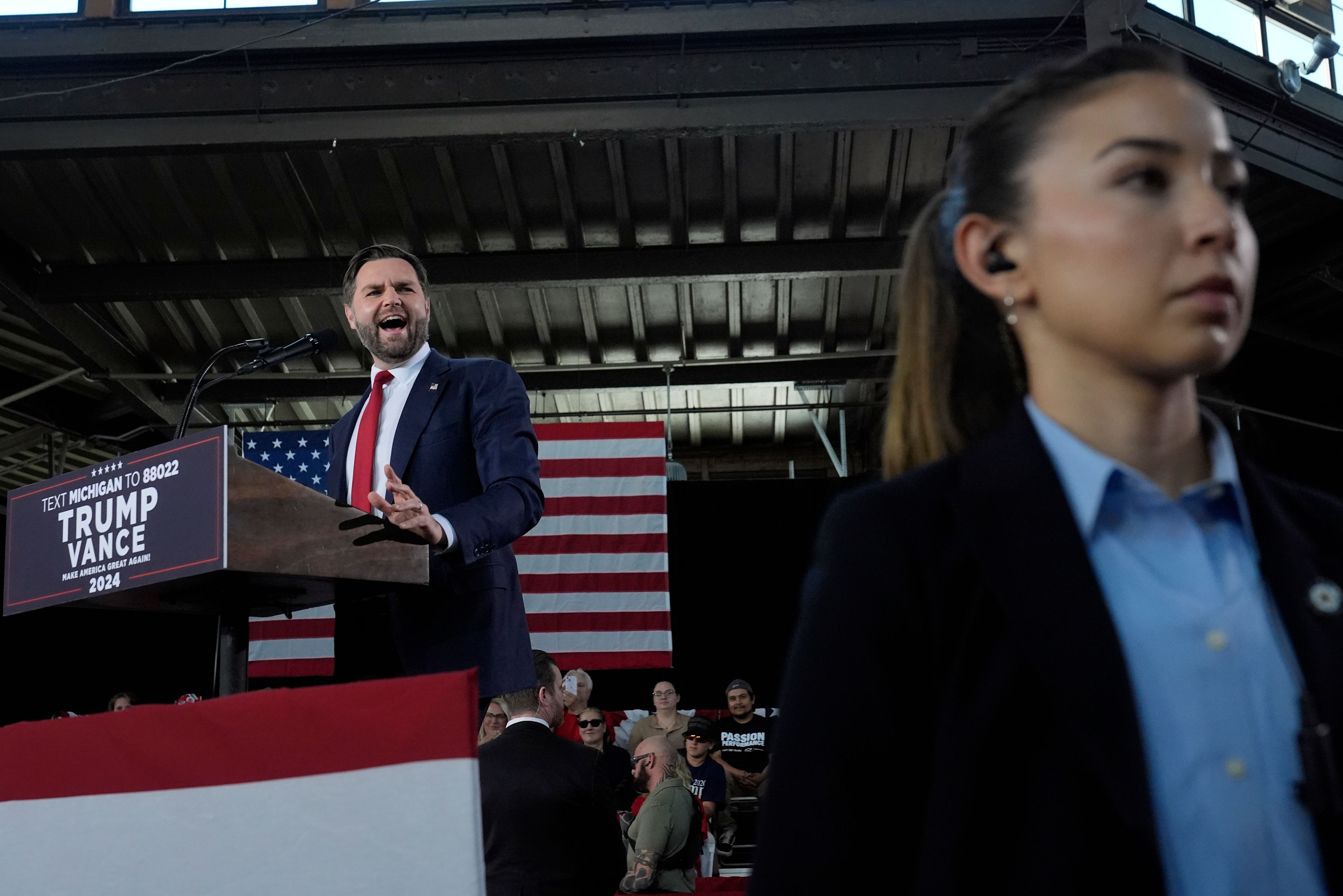 Republican vice presidential nominee Sen. JD Vance, R-Ohio speaks at a campaign event at Eastern Market Tuesday, Oct. 8, 2024, in Detroit. (AP Photo/Paul Sancya)