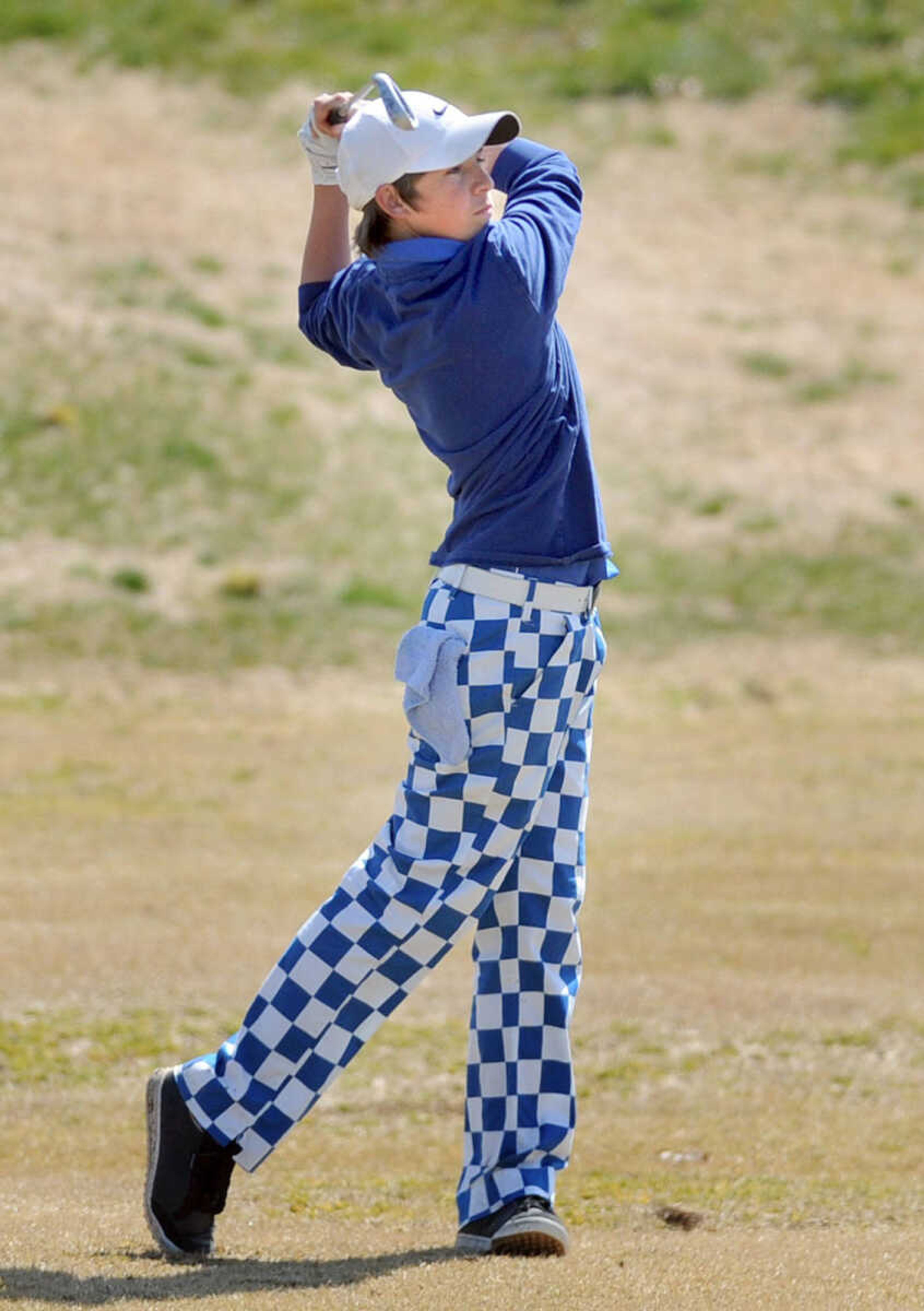 Notre Dame's Jack Litzelfelner hits from the fairway of the seventh hole   Monday, April 1, 2013 during the Notre Dame Invitational at Bent Creek Golf Course in Jackson. (Laura Simon)