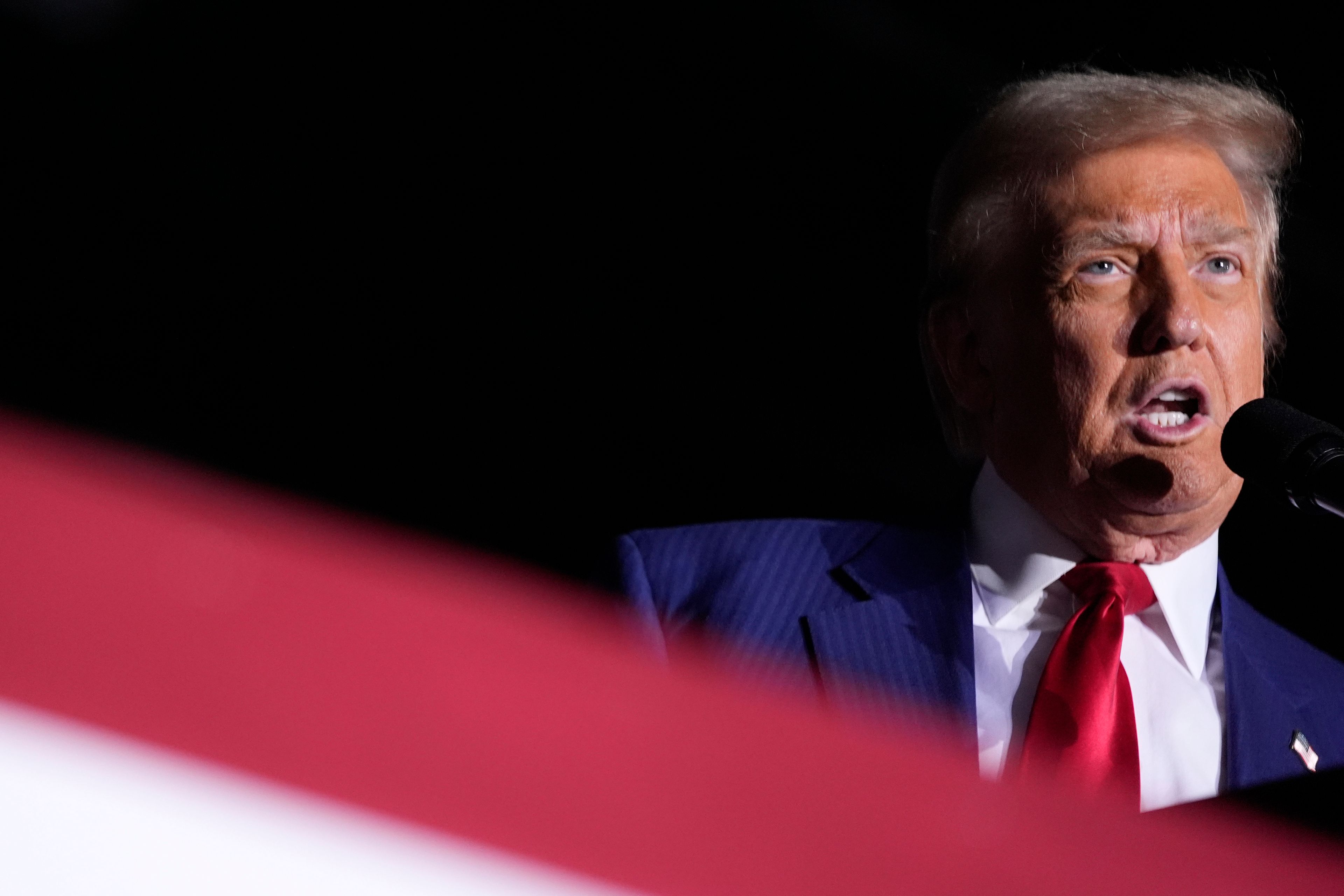 Republican presidential nominee former President Donald Trump speaks during a campaign rally at the Suburban Collection Showplace, Saturday, Oct. 26, 2024, in Novi, Mich. (AP Photo/Alex Brandon)