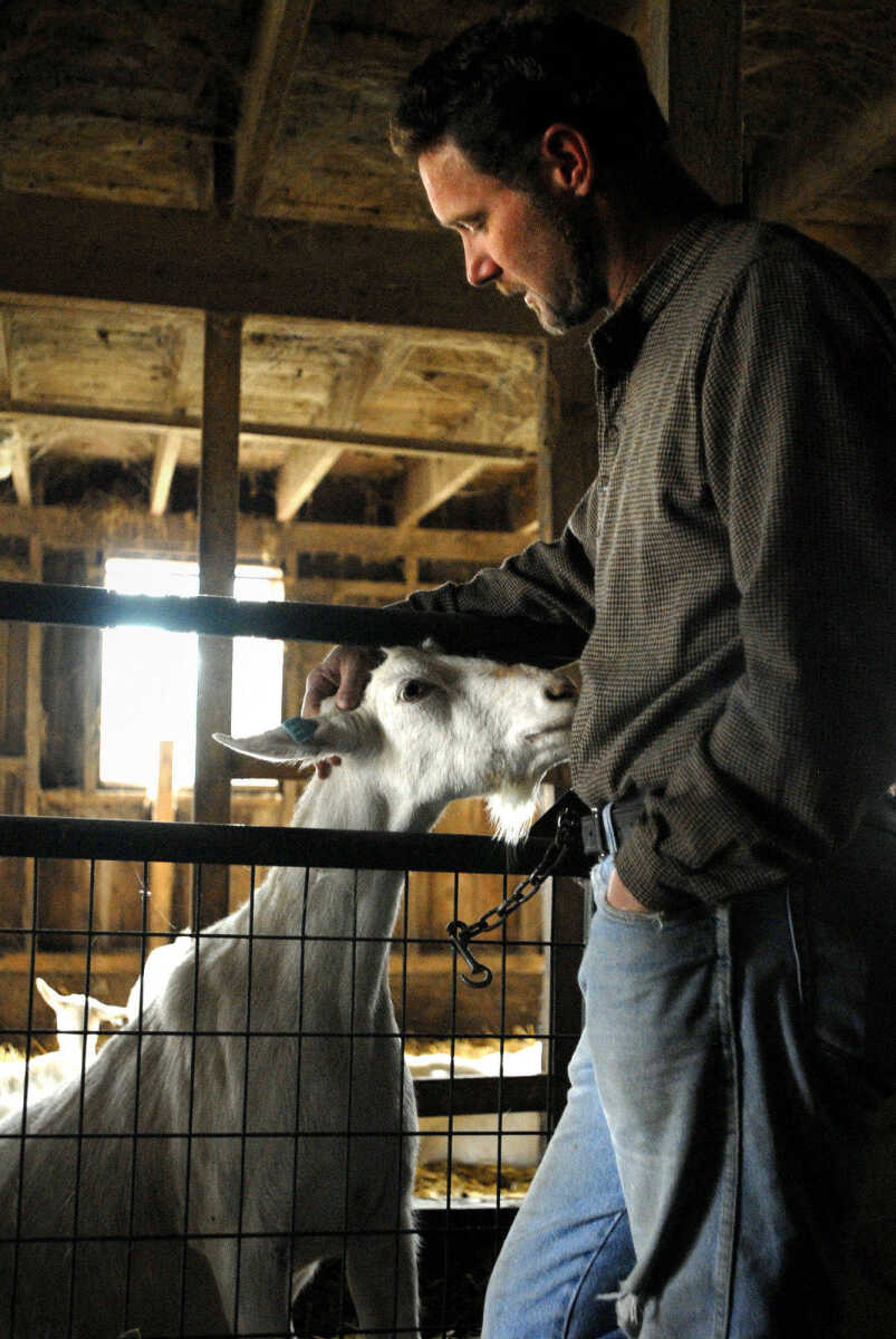 LAURA SIMON ~ lsimon@semissourian.com
Steve Baetje visits with Scraper Wednesday, Dec. 14, 2011 at his Bloomsdale, Mo. farm.