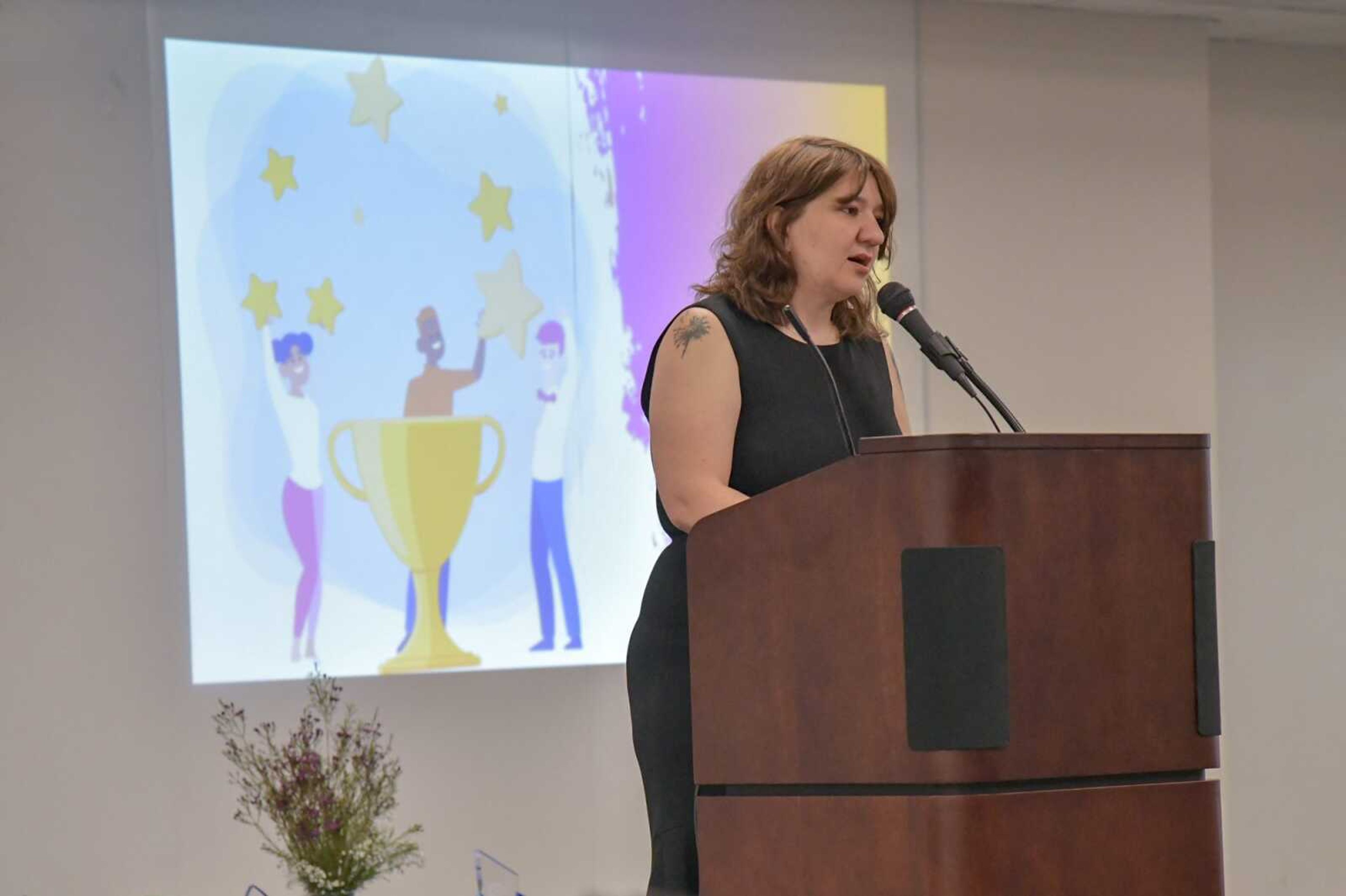 Community Partnership of Southeast Missouri's executive director Dr. Melissa Stickel speaks during Friday's 32nd annual breakfast at the Osage Center in Cape Girardeau.