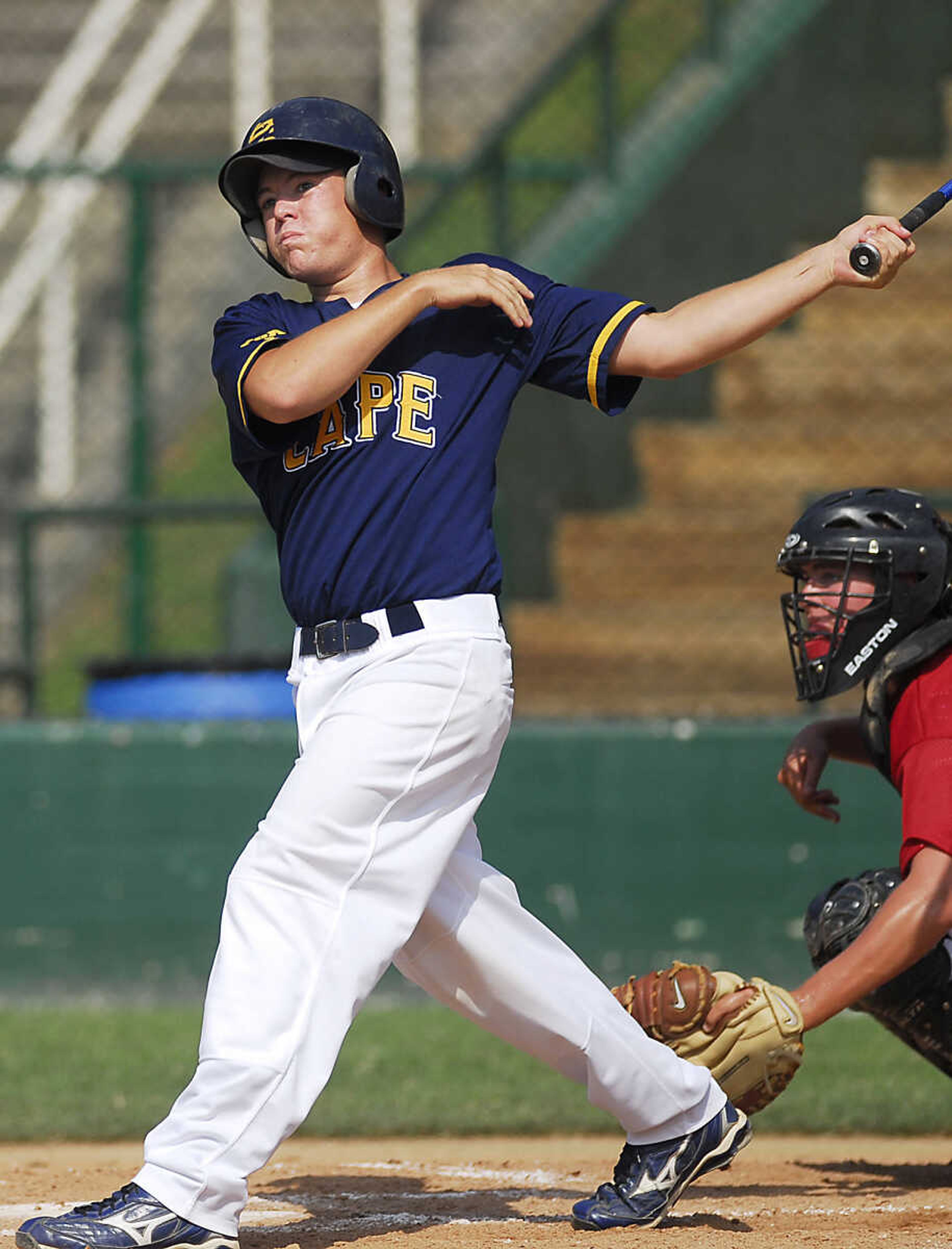 KIT DOYLE ~ kdoyle@semissourian.com
Cape Legion's Brady James watches his hit fly over the left field wall for a two-run homer in the second inning Monday, July 13, 2009, at Capaha Field.