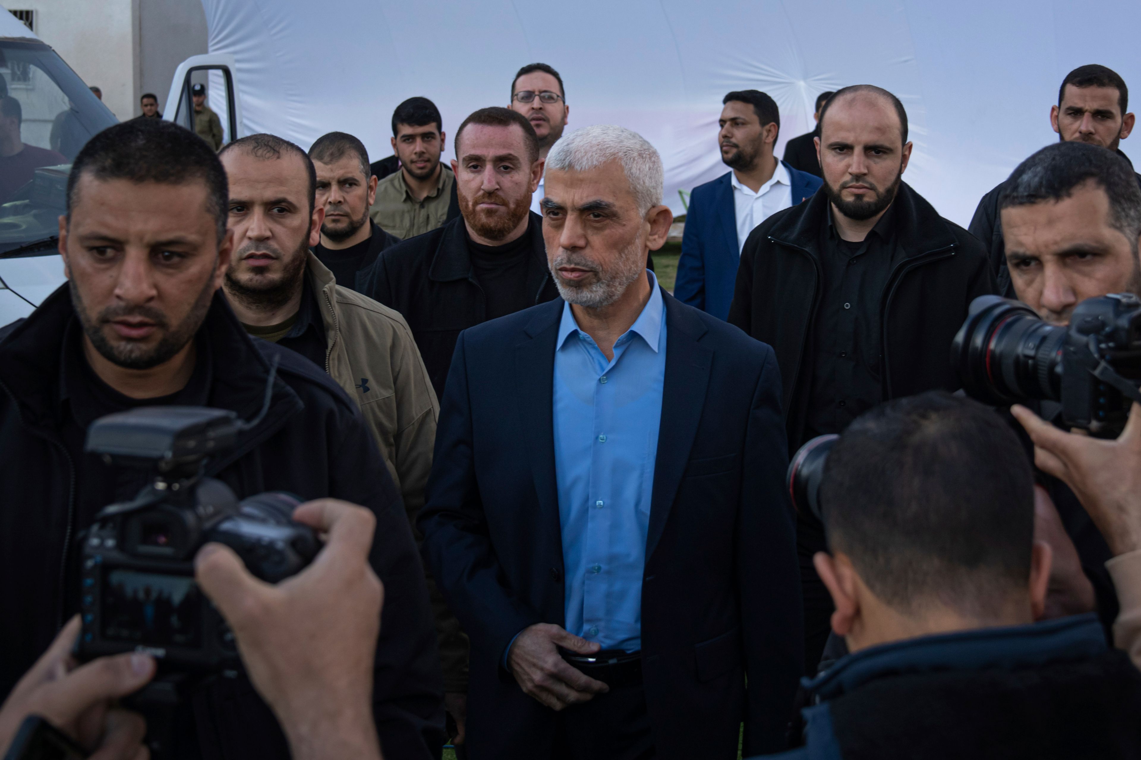 FILE - Yehiyeh Sinwar, head of Hamas in Gaza, attends a rally marking "Jerusalem Day," or Al-Quds Day, an annual celebration to support Palestinians in the holy city, at a soccer filed in Gaza City, on April 14, 2023. (AP Photo/Fatima Shbair, File)