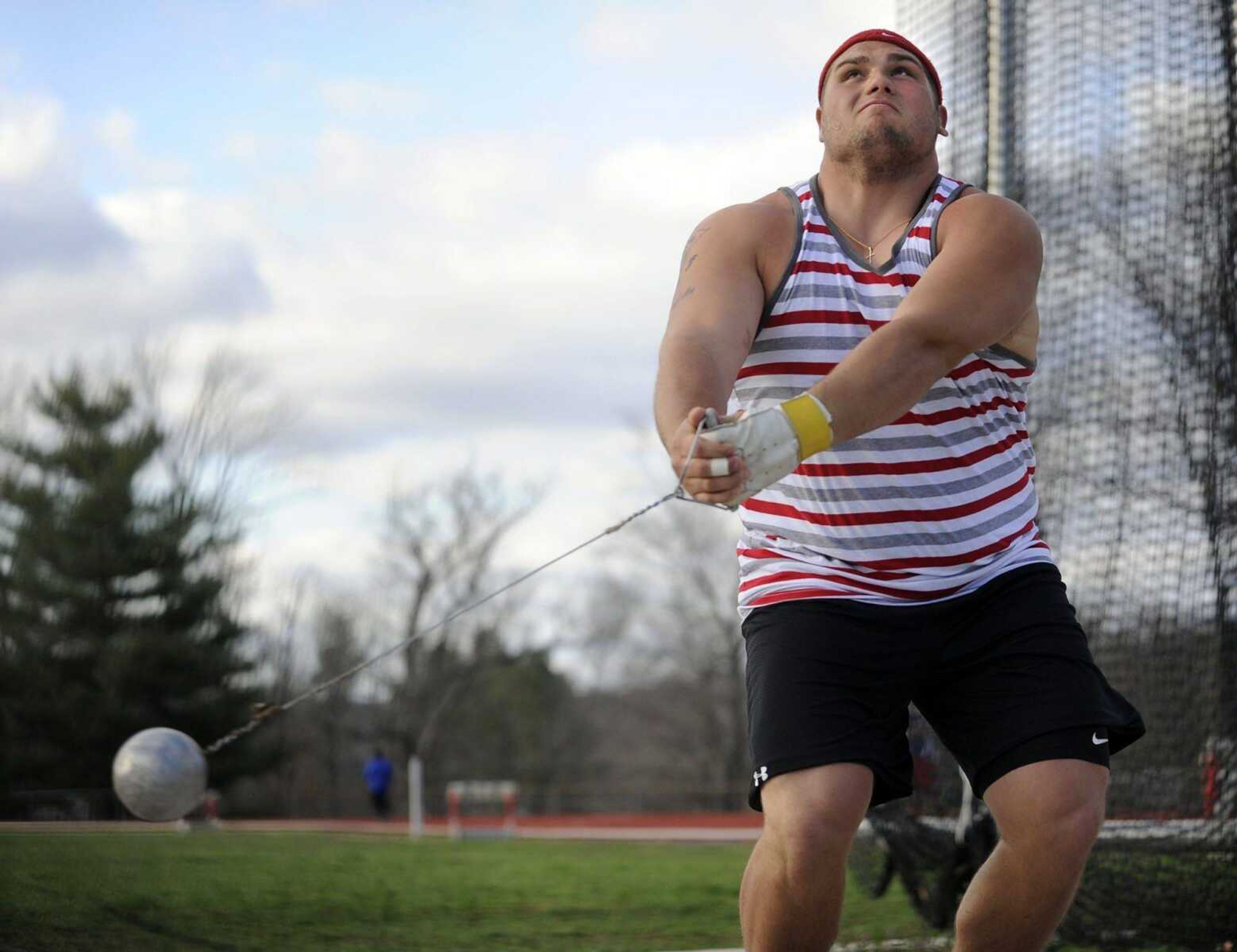 Southeast Missouri State&#8217;s Kevin Farley competes in the hammer throw Friday at the Joey Haines Invitational in Cape Girardeau. Farley took first place in the event with a throw of 176 feet, 3 inches. (Fred Lynch)