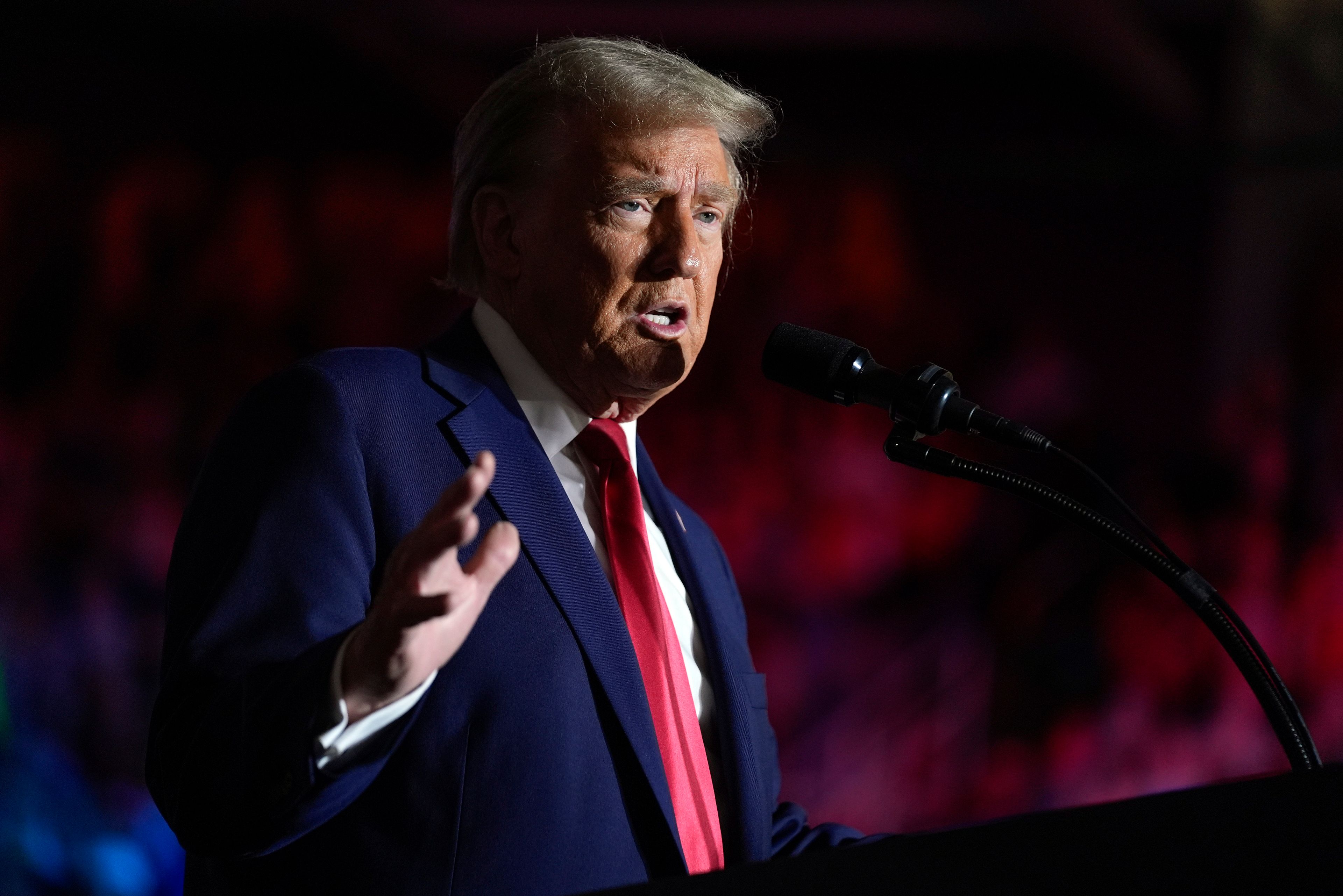 Republican presidential nominee former President Donald Trump speaks at a campaign rally at Williams Arena at Mignes Coliseum, Monday, Oct. 21, 2024, in Greenville, N.C. (AP Photo/Evan Vucci)