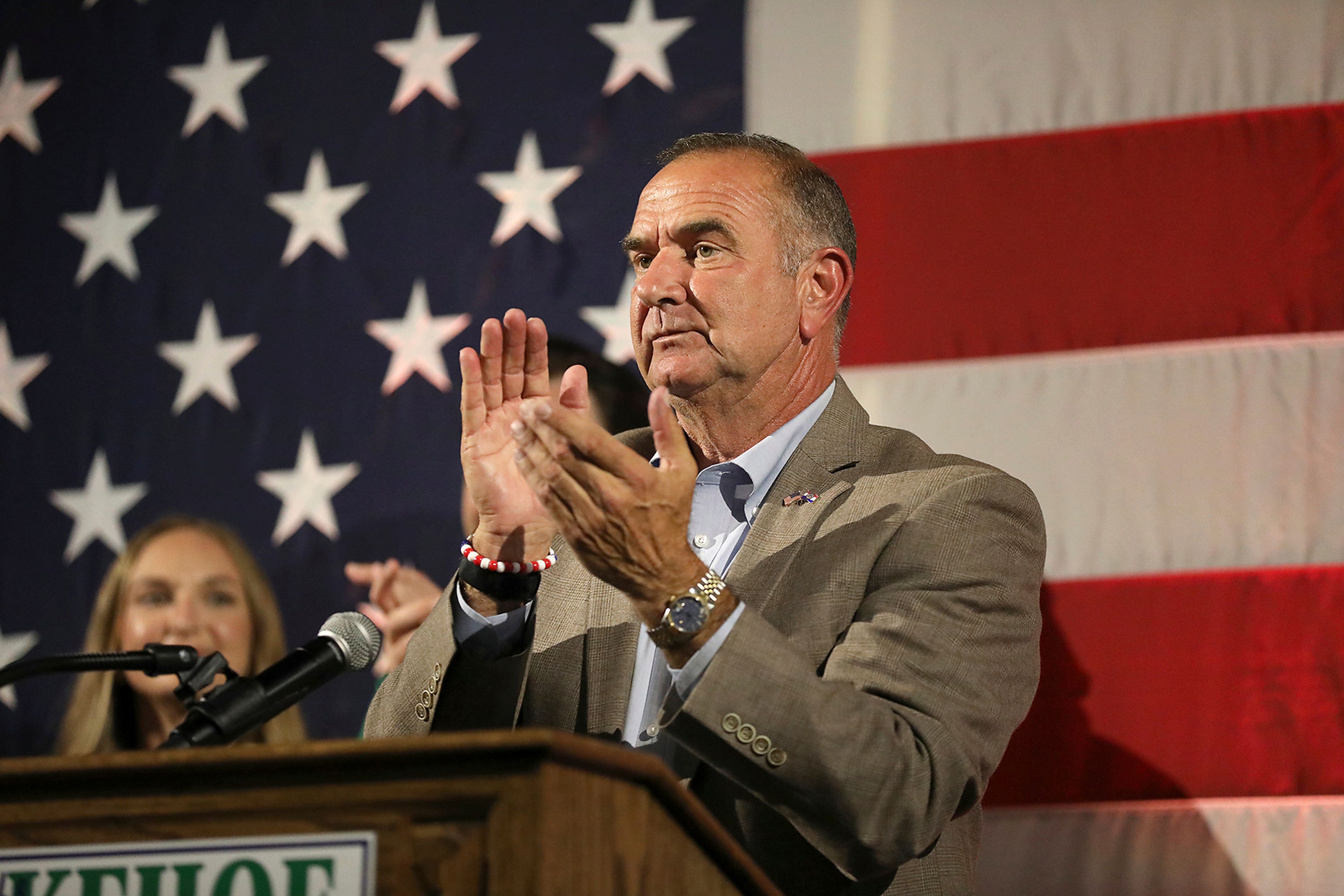 Mike Kehoe speaks to a crowd of supporters during his primary election watch party on Tuesday, Aug. 6, 2024 at Capital Bluffs Event Center in Jefferson City, Mo. (Alix Queen/Missourian via AP)