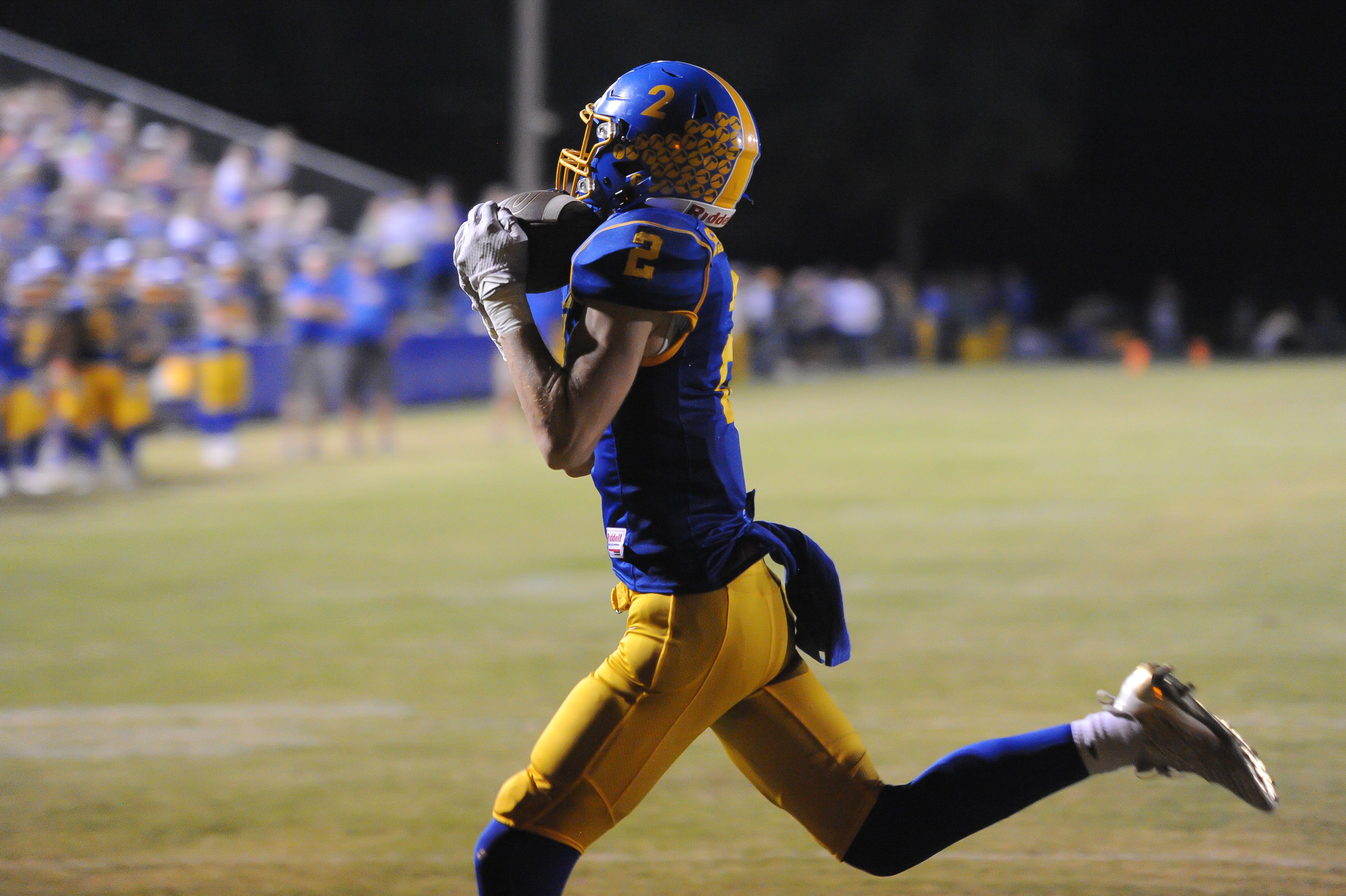 St. Vincent's Jacob Seabaugh reels in a touchdown pass during a Friday, October 4, 2024 game between the St. Vincent Indians and the Bayless Bronchos at St. Vincent High School in Perryville, Mo. St. Vincent defeated Bayless, 56-21.