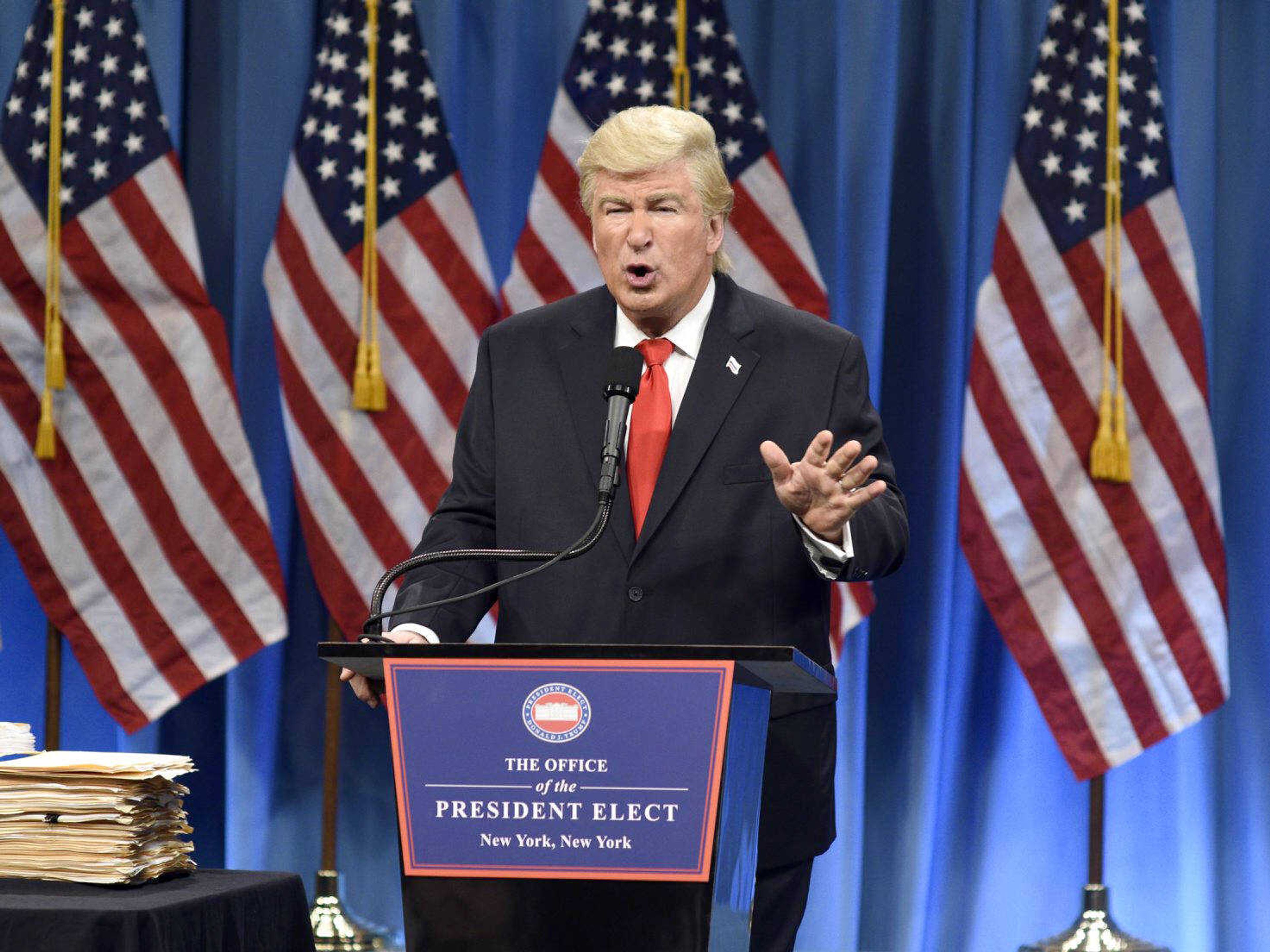 Alec Baldwin perform as President-elect Donald Trump in a sketch on "Saturday Night Live" on Jan. 14 in New York. Baldwin was nominated for an Emmy Award for outstanding supporting actor in a comedy series Thursday.