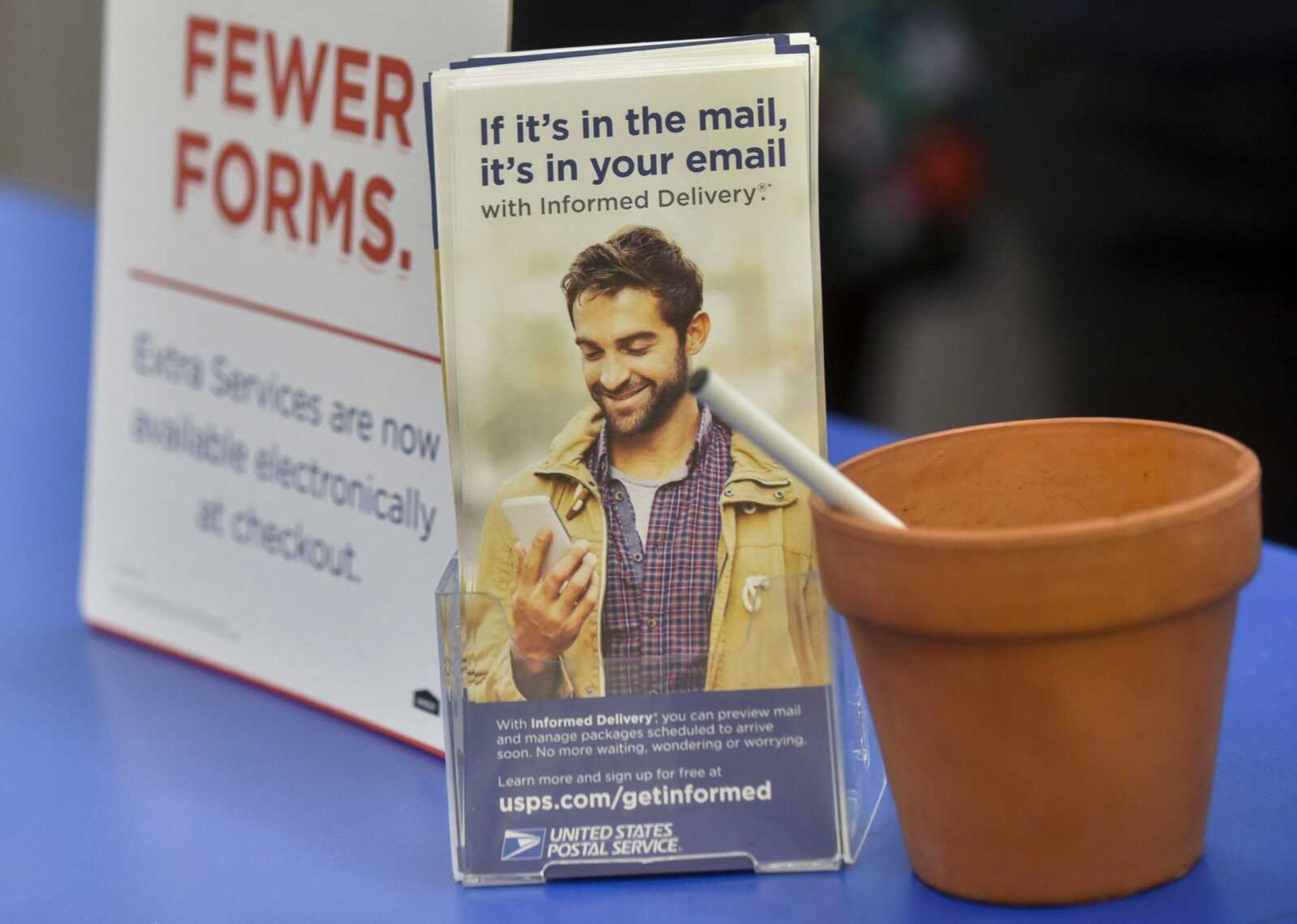 A pamphlet promoting a new Informed Delivery service is on display Wednesday on a counter at the post office at 329 N. Frederick St. in Cape Girardeau.