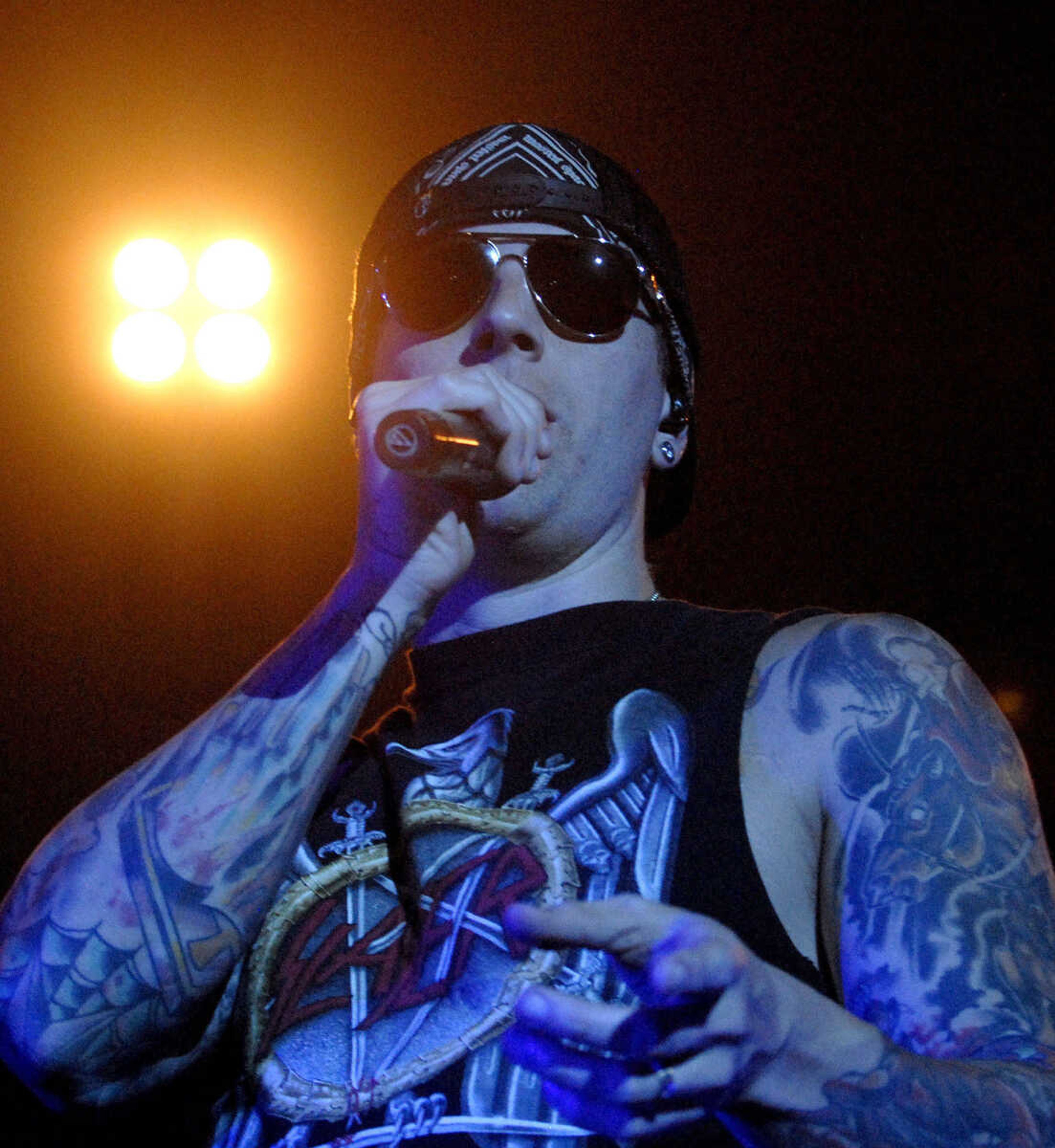 LAURA SIMON~lsimon@semissourian.com
Avenged Sevenfold performs during the "Welcome to the Family" tour at the Show Me Center Monday, April 25, 2011. Sevendust and Three Days Grace also performed during the tour Monday night.