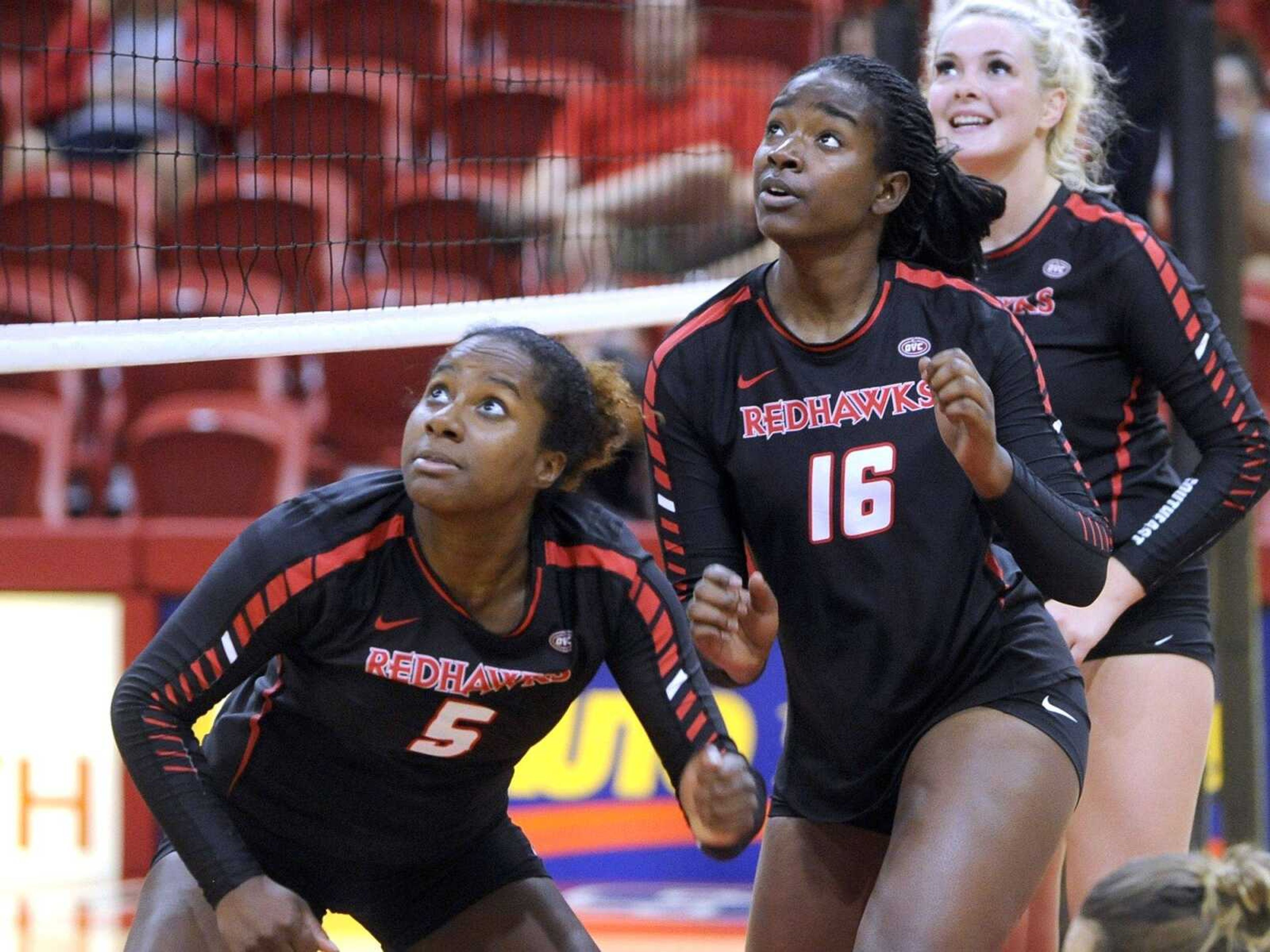 Southeast Missouri State's Krissa Gearring, left, Nzingha Clarke and Rachel Poole watch the ball hit by Louisiana Tech during the first set Saturday, Aug. 27, 2016 at the Show Me Center.