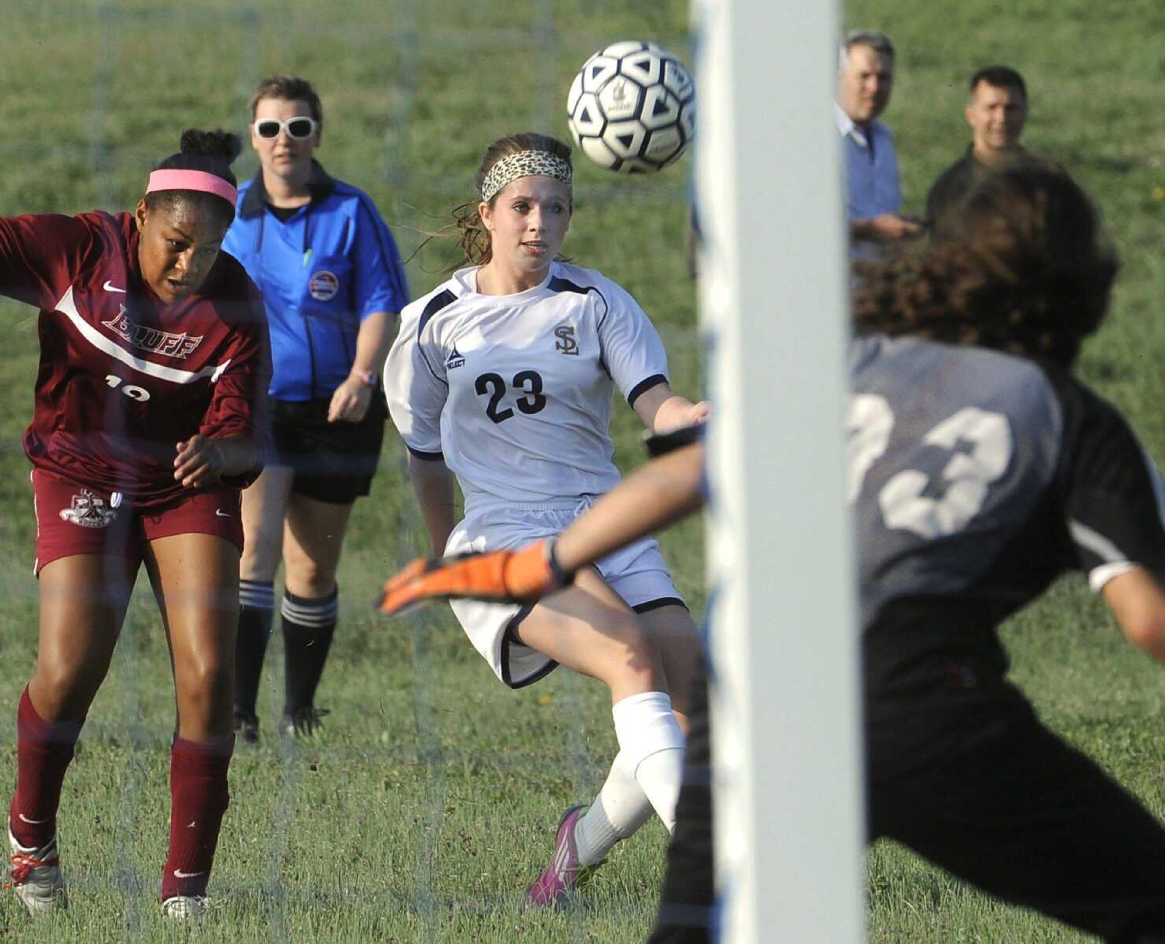 Saxony Lutheran&#8217;s Tess Daniel takes a shot against Poplar Bluff goalkeeper Courtney Ralston during the first half Tuesday at Saxony Lutheran High School. (Fred Lynch)